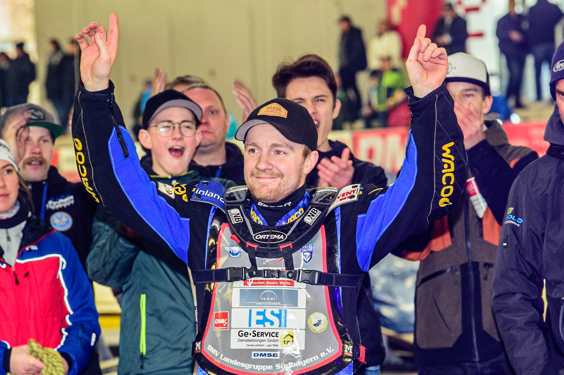 Martin Haarahiltunen  acknowledges the cheers after his win on Sunday during the Ice Speedway Gladiators World Championship Final 2 at Max-Aicher-Arena, Inzell, Germany on Sunday 19th March 2023. (Photo: Ian Charles | MI News)