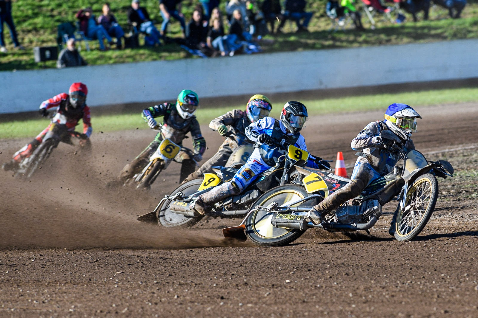 Tero Aarnio (Blue) and Jesse Mustonen lead the pack as Finland beat Denmark in Heat 5 during the FIM Long Track Of Nations event at the Speed Centre Roden on Sunday 24th September 2023. (Photo: Ian Charles | MI News)
