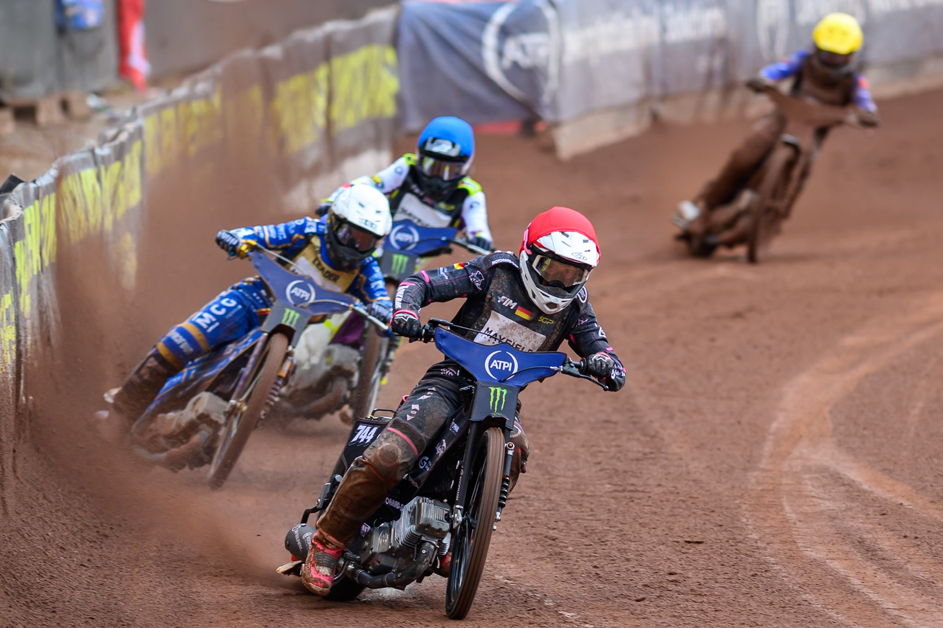 Kai Huckenbeck (744) of Germany in Red leading Bartosz Zmarzlik (95) of Poland in White, Wild Card Tom Brennan (16) of Great Britain in Blue and Nazar Parnitskyi (785) of Ukraine in Yellow during the ATPI  FIM Speedway GP of Manchester at the National Speedway Stadium, Manchester on Saturday 6th June 2026. (Photo: Ian Charles | MI News)