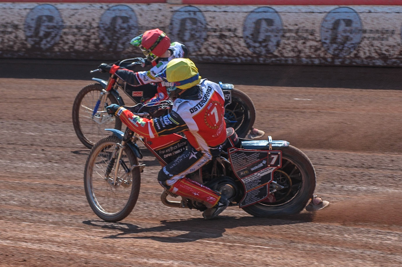 MANCHESTER, UK. MAY 31ST  Ulrich Ostergaard  (Yellow) chases Dan Bewley  (Red) during the SGB Premiership match between Belle Vue Aces and Peterborough at the National Speedway Stadium, Manchester on Monday 31st May 2021. (Credit: Ian Charles | MI News)