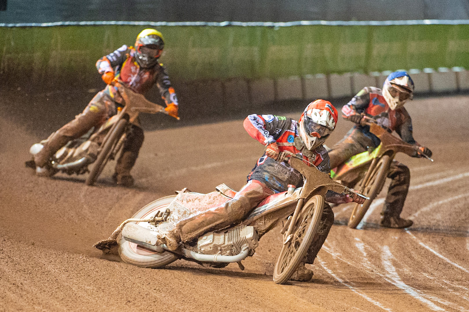 Photo: Ian Charles

Belle Vue Colts  Connor Bailey  (Red) and Ben Woodhull   (Blue) lead Kent Kings  Alex Spooner (Yellow)

Belle Vue Colts v Kent Kings, SGB National League Play Offs, Semi Final 1st Leg, Belle Vue National Speedway Stadium, Manchester, Friday 4  October  2019
