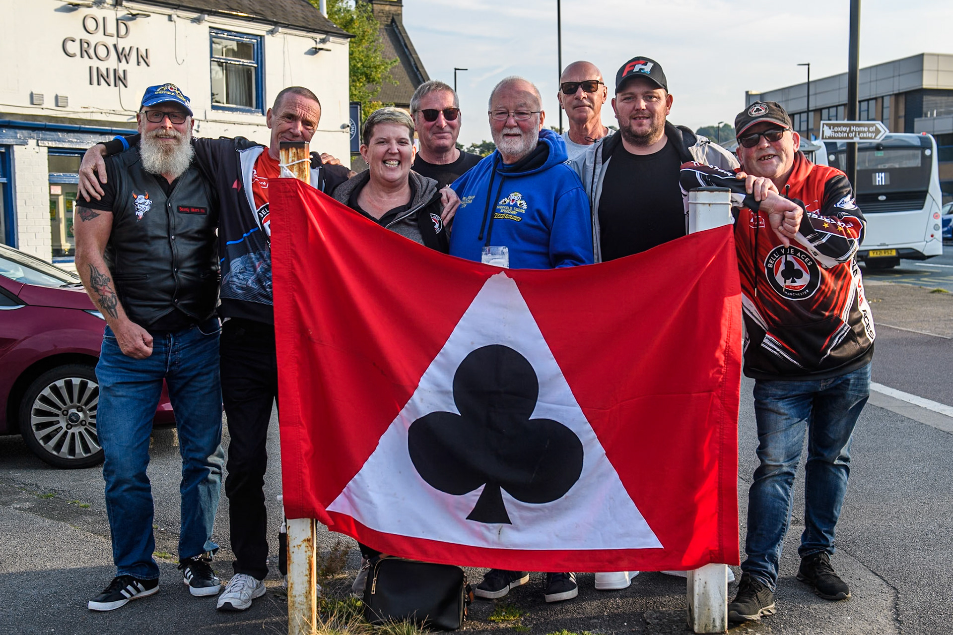 Belle Vue Fans outside The Old Crown Public House where they usually gather before the meetings at Sheffield during the Rowe Motor Oil Premiership Play Off Semi Final 2nd leg between Sheffield Tigers and Belle Vue Aces at Owlerton Stadium, Sheffield on Thursday 19th September 2024. (Photo: Ian Charles | MI News)