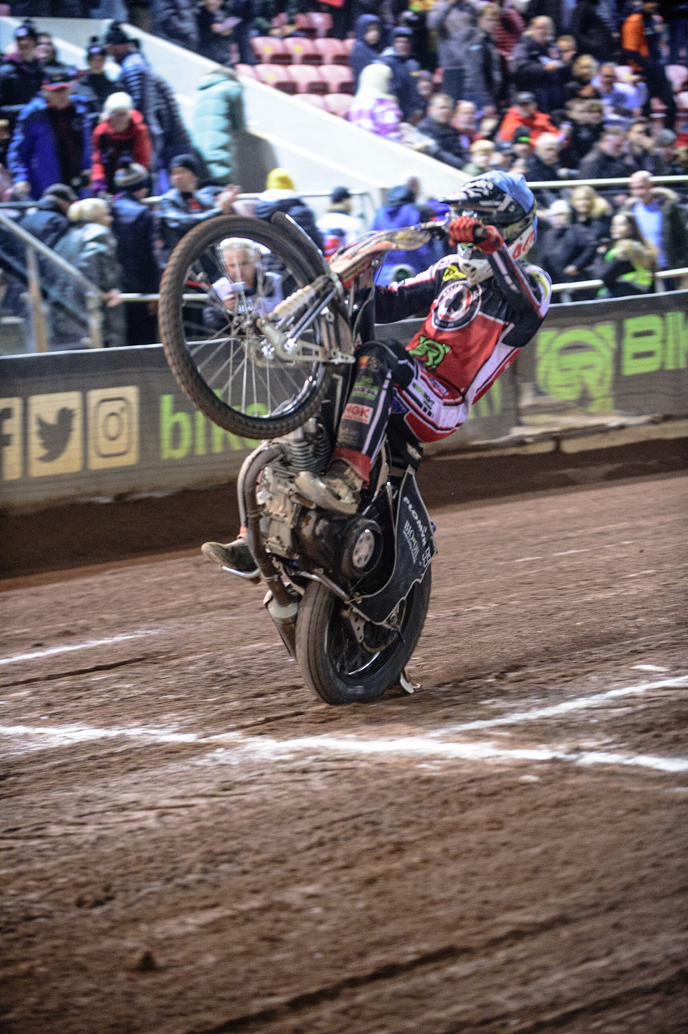 MANCHESTER, UK. OCT 11TH  Dan Bewley  wheelies during the SGB Premiership Grand Final 1st Leg between Belle Vue Aces and Peterborough Panthers at the National Speedway Stadium, Manchester on Monday 11th October 2021. (Credit: Ian Charles | MI News)