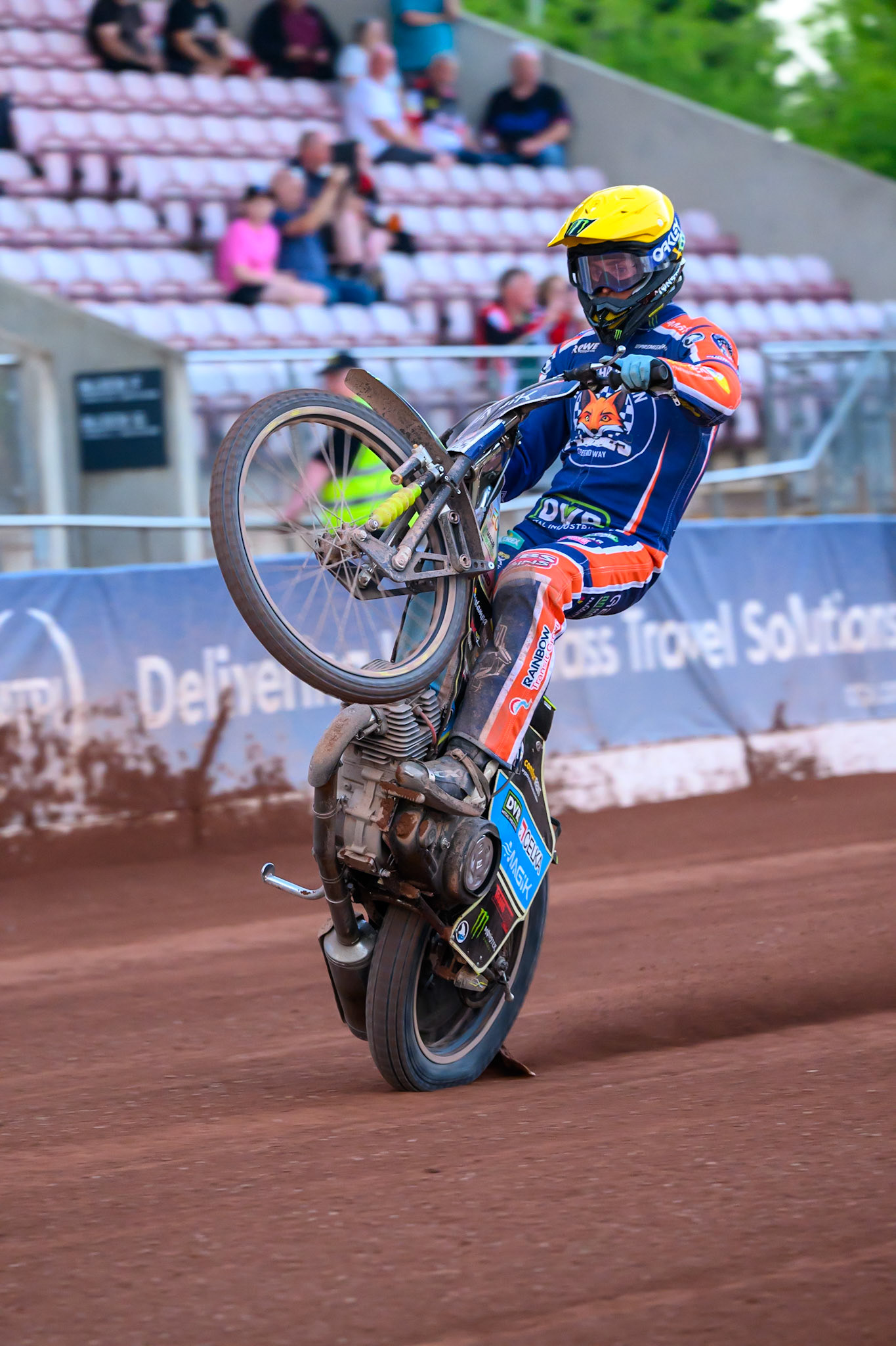 Jaimon Lidsey of Northampton Foxes  does a wheelie during the Rowe Motor Oil Premiership match between Belle Vue Aces and Northampton Foxes at the National Speedway Stadium, Manchester on Monday 13th July 2026. (Photo: Ian Charles | MI News)