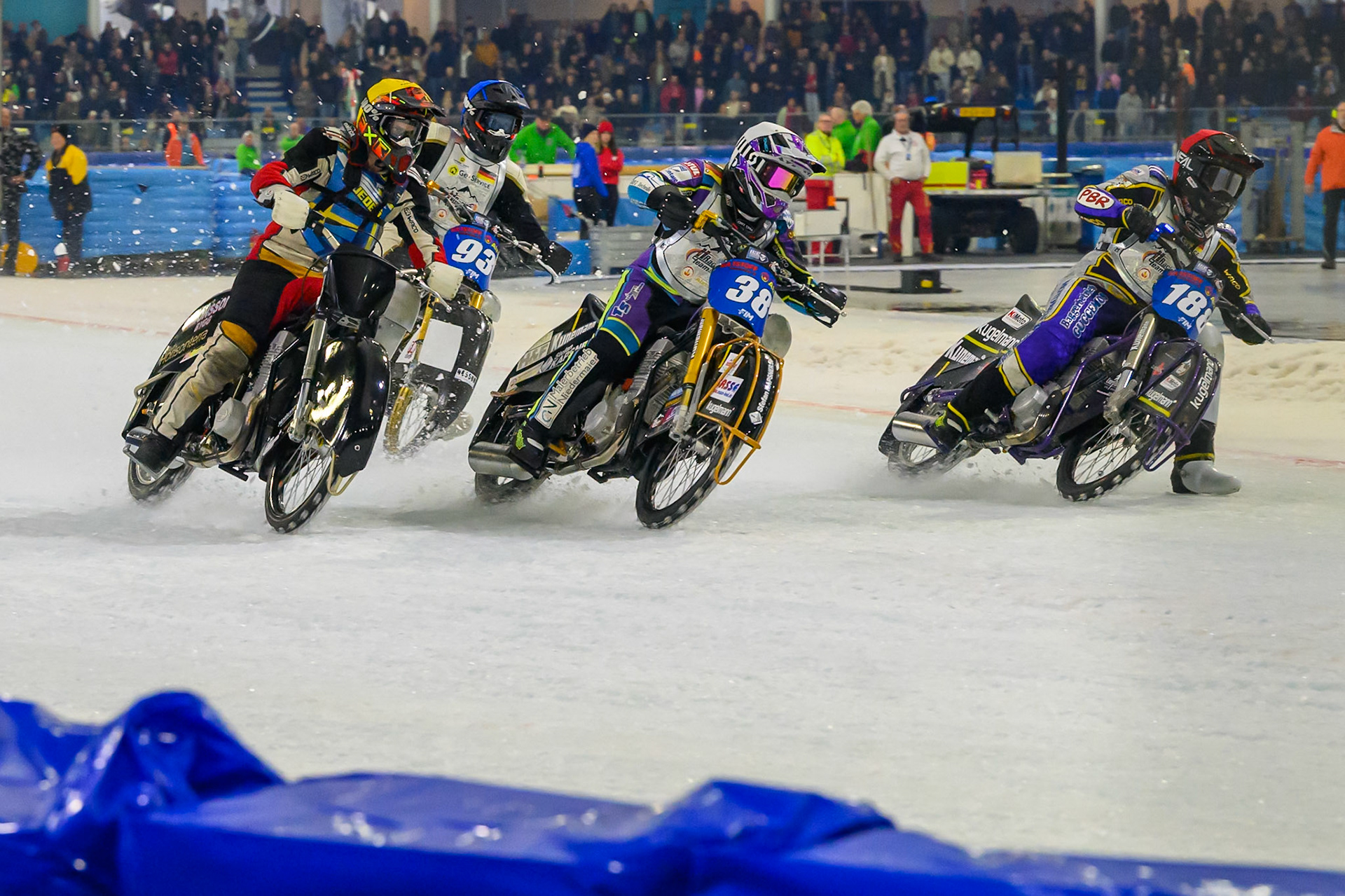 Heat 20 start: (L to R) Emil Lingvall of Sweden  in Yellow, Maximilian Niedermaier of Germany in White and Christoph Kirchner of Germany in Red with Franz Mayerbüchler of Germany  in Blue behind during the ROELOF THIJS BOKAAL at Ice Rink Thialf, Heerenveen on Friday 10th April 2026.  (Photo: Ian Charles | MI News)