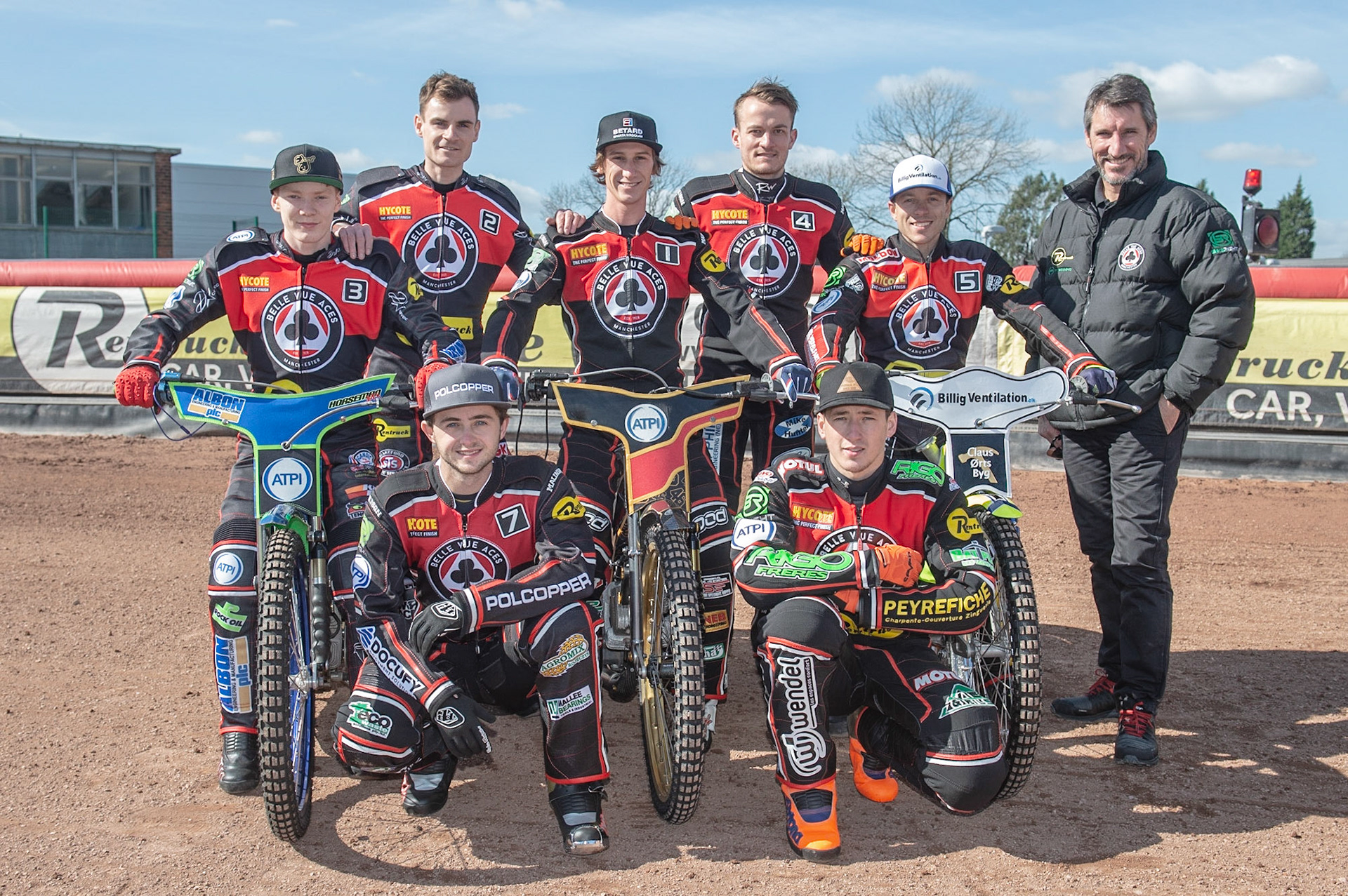 Photo by Ian Charles:

Belle Vue Aces: 
Rear: (l-r) Dan Bewley, Steve Worrall, Max Fricke, Ricky Wells, Kenneth Bjerre, Mark Lemon (Manager)
Kneeling: Jaimon Lidsey, Dimitri Berge

Belle Vue Speedway Press & Practice Day, National Speedway Stadium, Manchester, Monday, 25, March, 2019