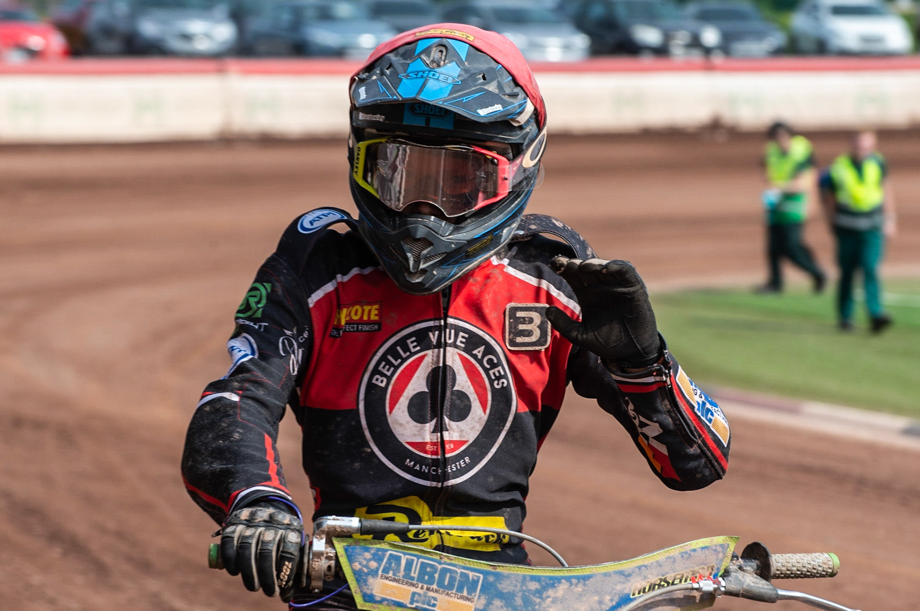 Photo by Ian Charles:

Dan Bewley  celebrates

Belle Vue Aces v Wolverhampton Wolves, National Speedway Stadium, Manchester, Monday, 22, April, 2019