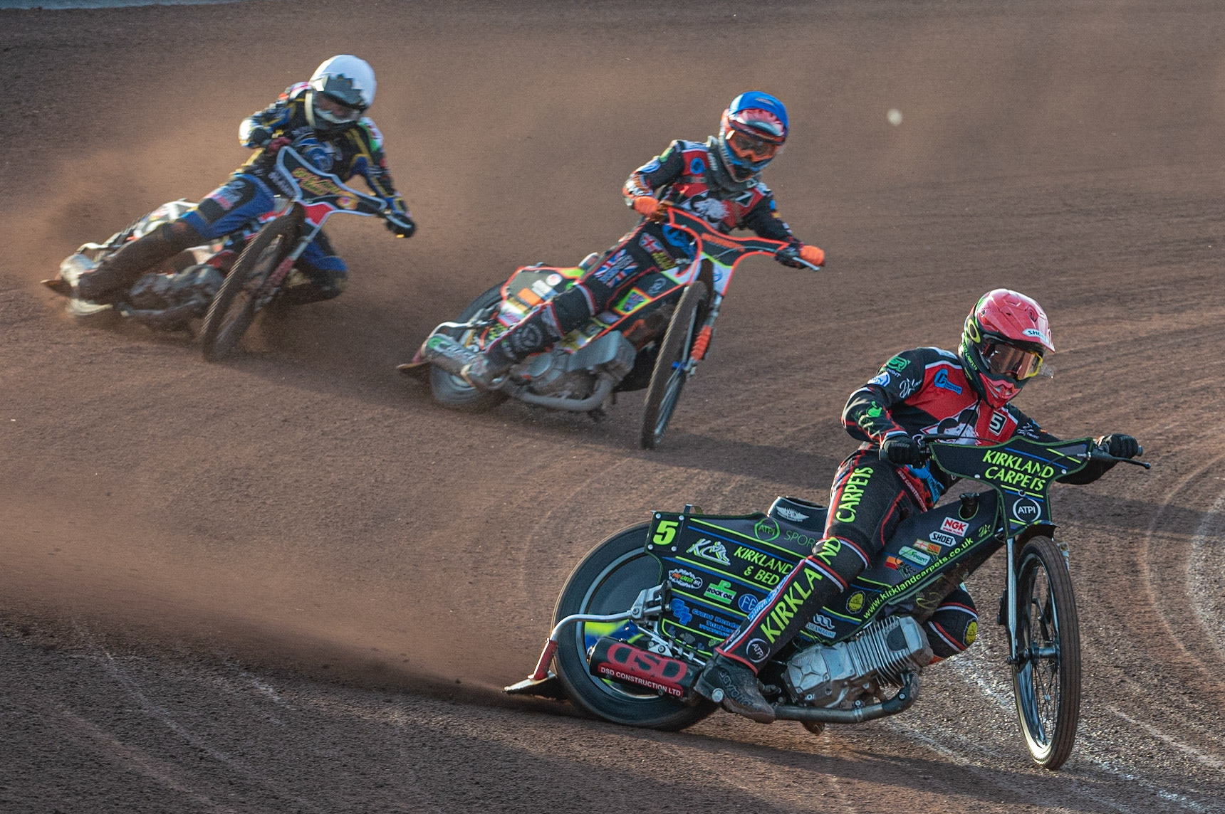Photo: Ian Charles

Kyle Bickley  (Red) leads Jordan Palin  (Blue) and Nathan Stoneman  (White)

Belle Vue Colts v Plymouth Gladiators National League, Belle Vue National Speedway Stadium, Manchester, Thursday 23  May  2019