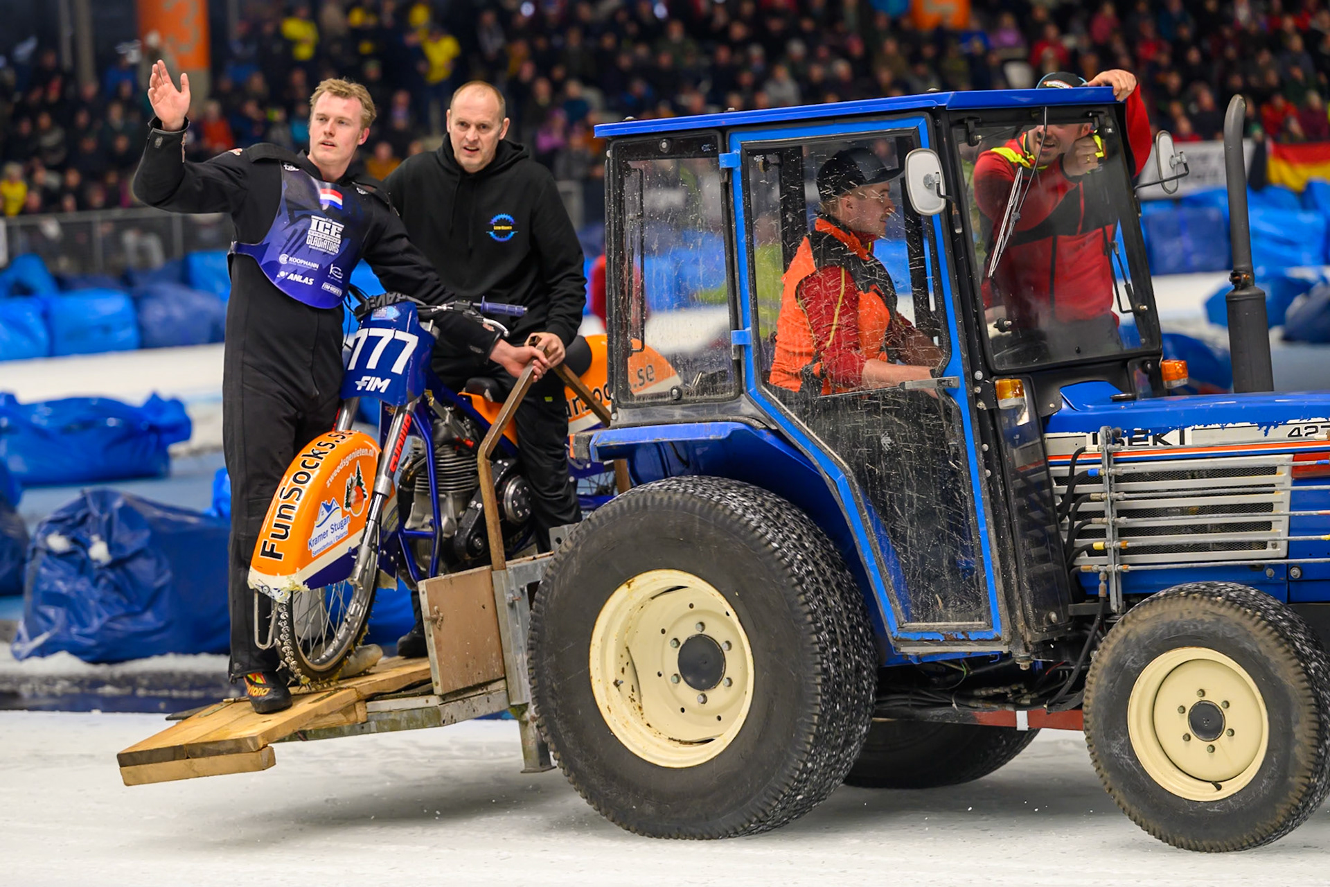Leon Kramer (777) of The Netherlands  gets a lift back to the pits with his bike after spinning off in heat 9 during the Ice Speedway Gladiators World Championship Final 1 at Max-Aicher-Arena, Inzell on Saturday 14th March 2026. (Photo: Ian Charles | MI News)