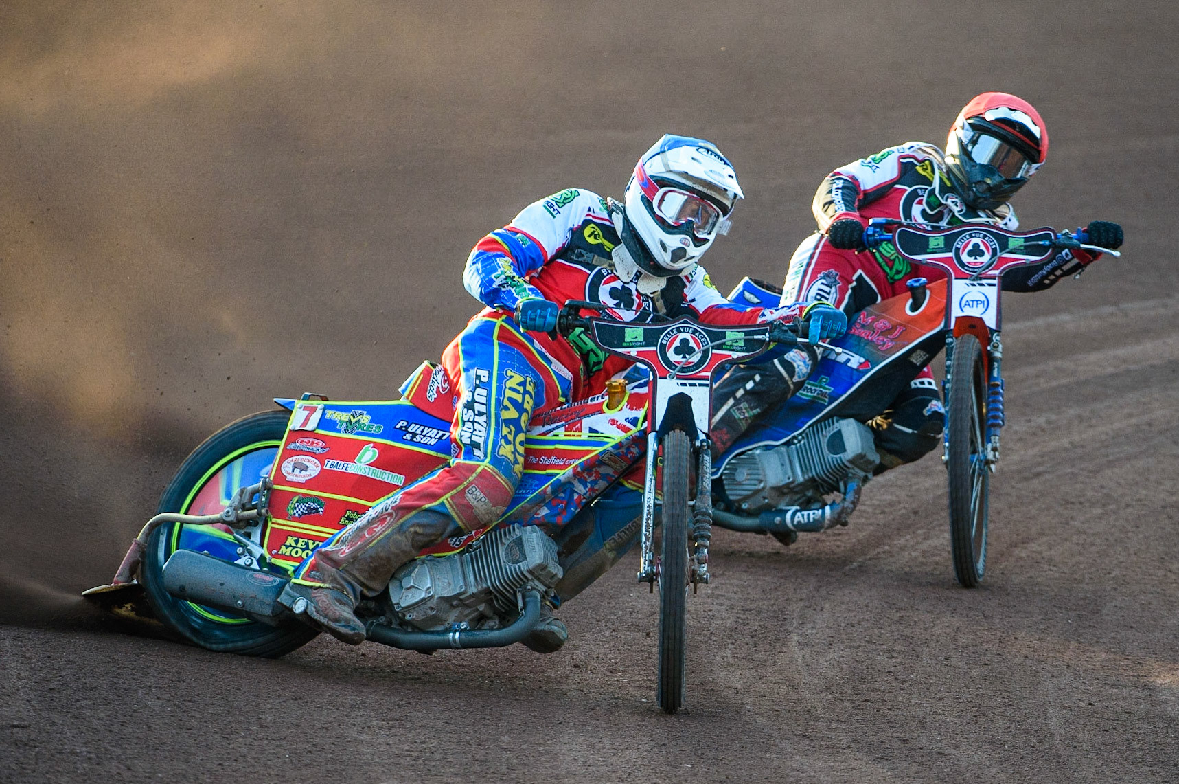 MANCHESTER UKSimon Lambert(Blue) leads Brady Kurtz   (Red) during the SGB Premiership match between Belle Vue Aces and Ipswich Witches at the National Speedway Stadium, Manchester on Monday 2nd August 2021. (Credit: Ian Charles | MI News)