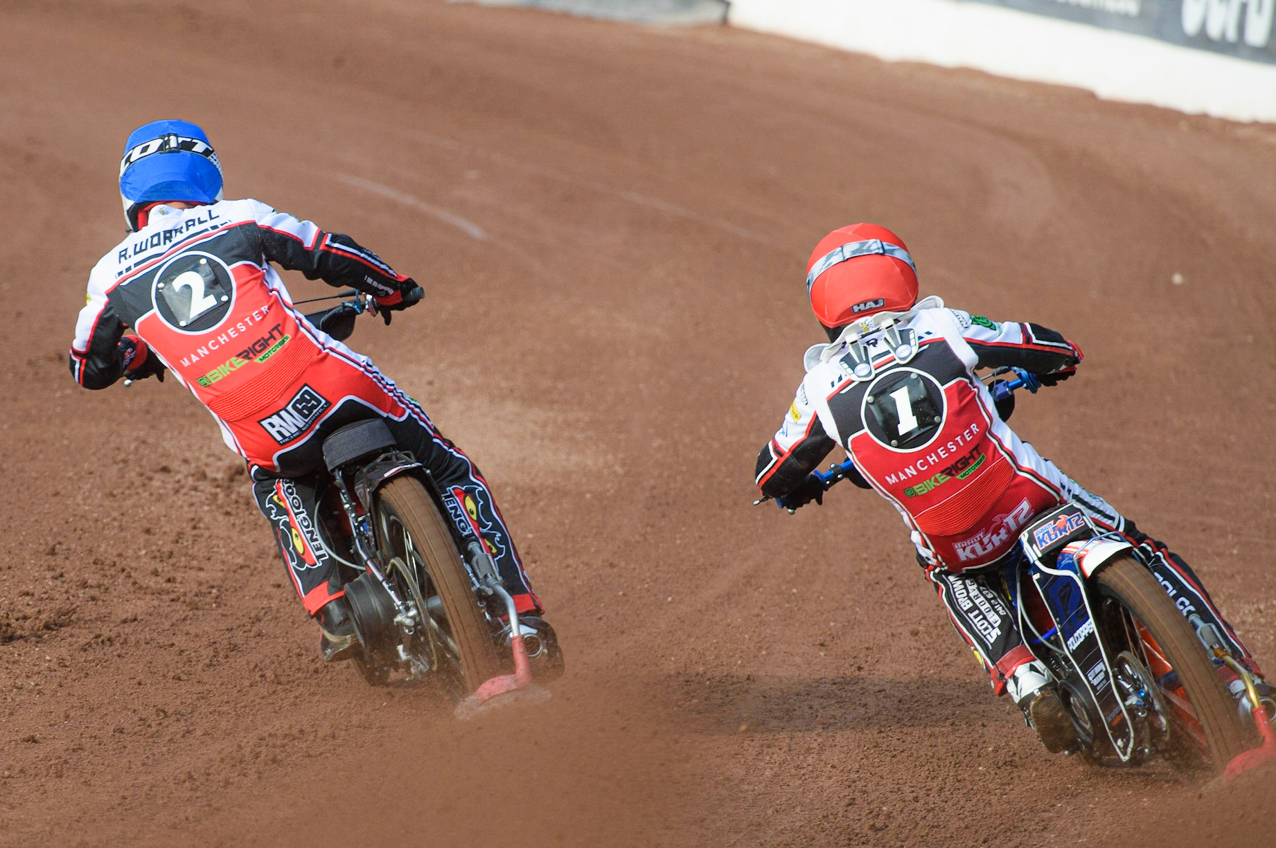 MANCHESTER, UK. JUNE 7TH   Belle Vue Bikeright Aces  riders Richie Worrall  (Blue) and Brady Kurtz (Red) on their way to a maximum heat win during the SGB Premiership match between Belle Vue Aces and Ipswich Witches at the National Speedway Stadium, Manchester on Monday 7th June 2021. (Credit: Ian Charles | MI News)