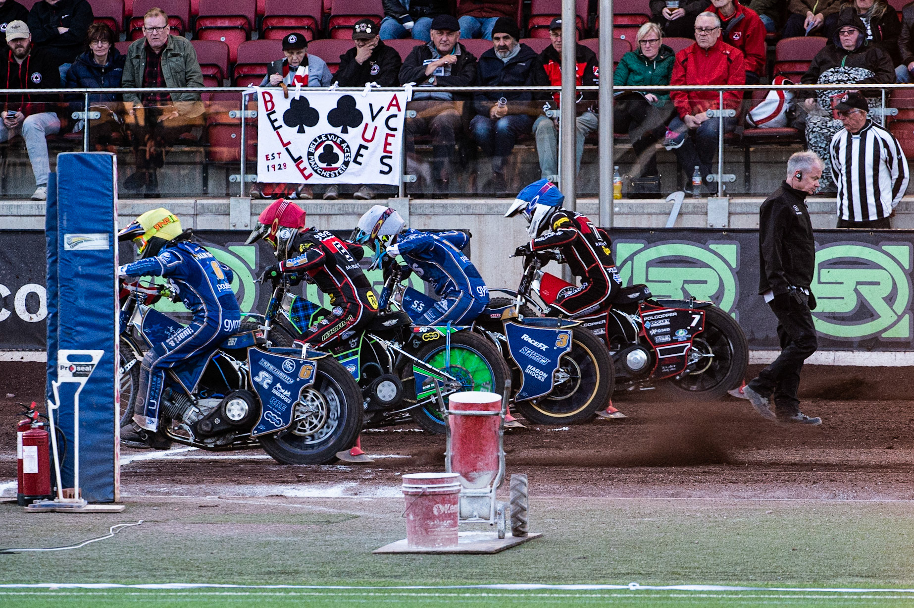 Photo: Ian Charles

Start of Heat 12 (l-r) Michael Palm Toft (Yellow), Dan Bewley  (Red), ​Ty Proctor  (White), ​Jaimon Lidsey​  (Blue)

Belle Vue Aces v Kings Lynn Stars, British Speedway Premiership, Belle Vue National Speedway Stadium, Manchester, Thursday 16  May  2019