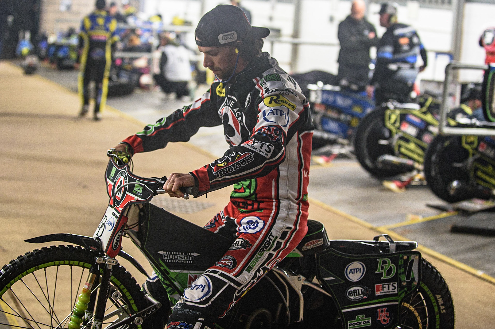 MANCHESTER, UK. OCT 7TH  Charles Wright  tests his machine in the pits during the SGB Premiership Play off Semi-Final Second Leg between Belle Vue Aces and Sheffield Tigers at the National Speedway Stadium, Manchester on Thursday 7th October 2021. (Credit: Ian Charles | MI News)