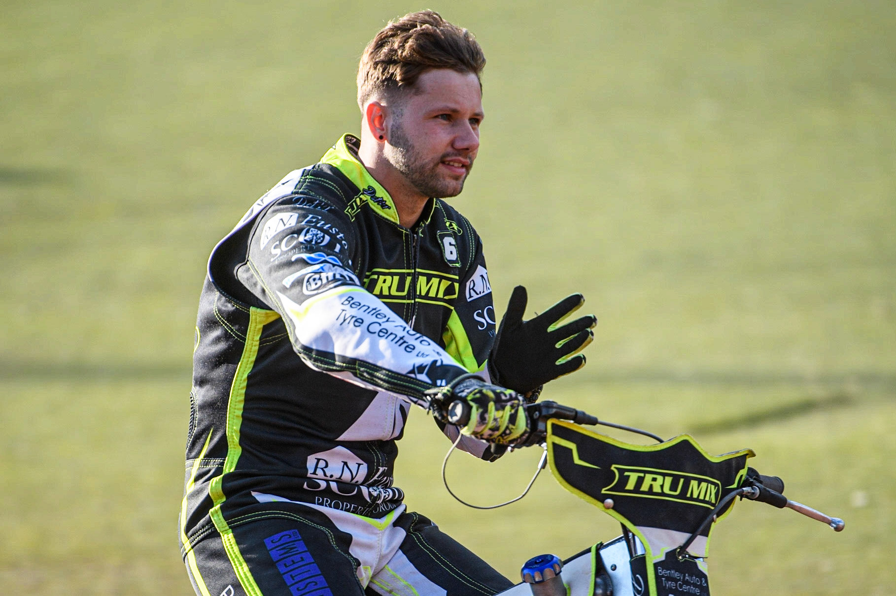 Danyon Hume on the parade lap during the Sports Insure Premiership match between Belle Vue Aces and Ipswich Witches at the National Speedway Stadium, Manchester on Monday 17th July 2023. (Photo: Ian Charles | MI News)