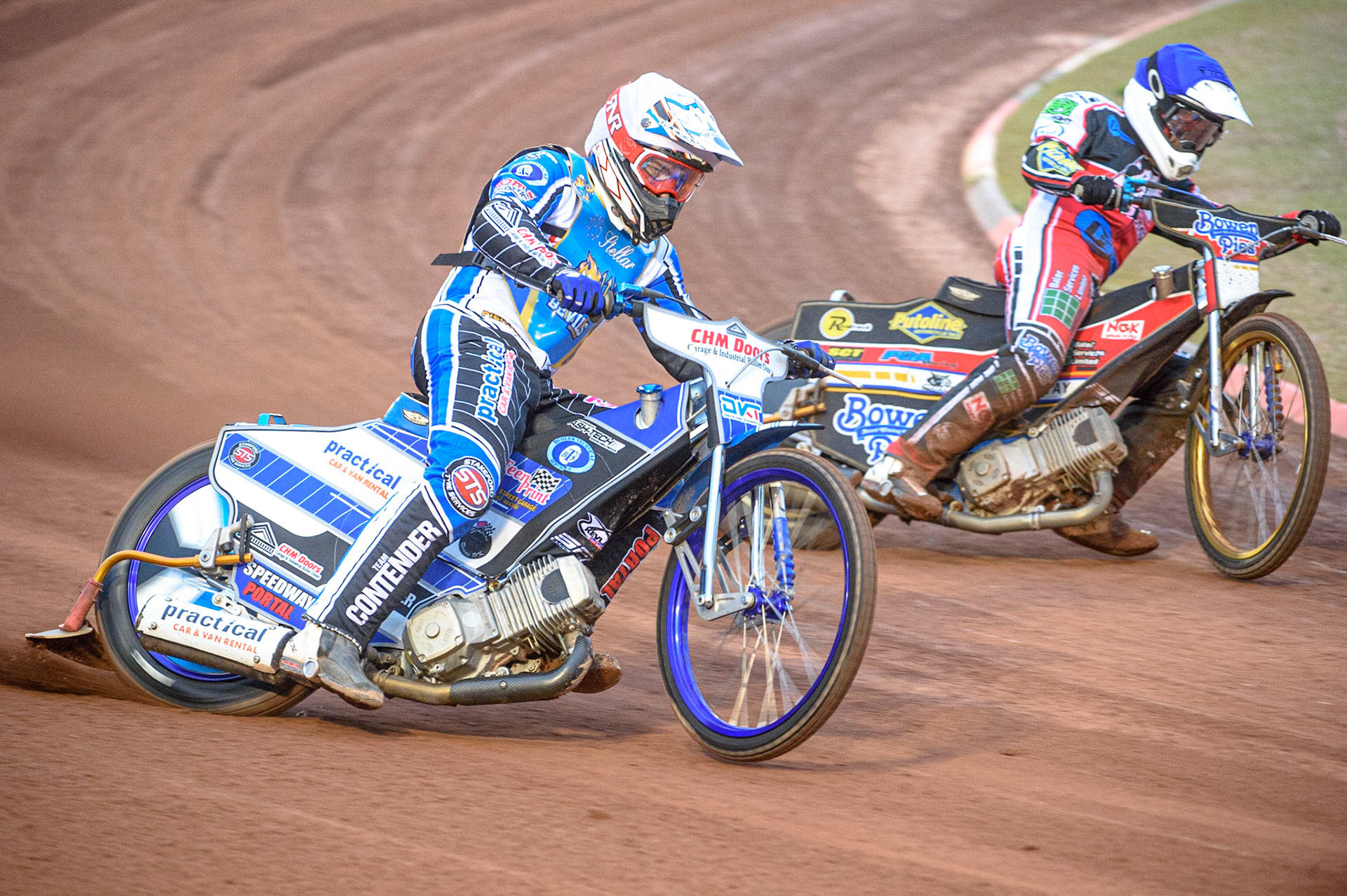 MANCHESTER, UK. AUGUST 20TH Paul Bowen  (Blue) passes Danny Phillips  (White) during the National Development League match between Belle Vue Aces and Armadale Devils at the National Speedway Stadium, Manchester on Friday 20th August 2021. (Credit: Ian Charles | MI News)