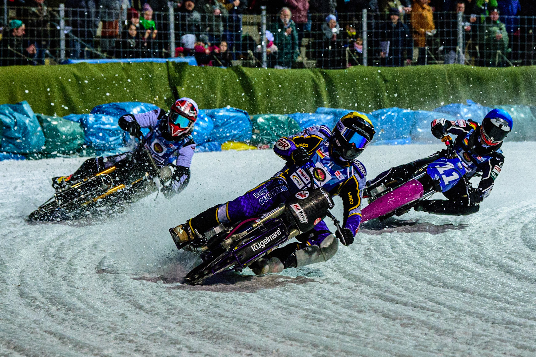 Christoph Kirchner (Yellow) leads Atte Suolami (White) and Benedikt Monn (Blue) during the German Individual Ice Speedway Championship at Horst-Dohm-Eisstadion, Berlin on Friday 3rd March 2023. (Photo: Ian Charles | MI News)