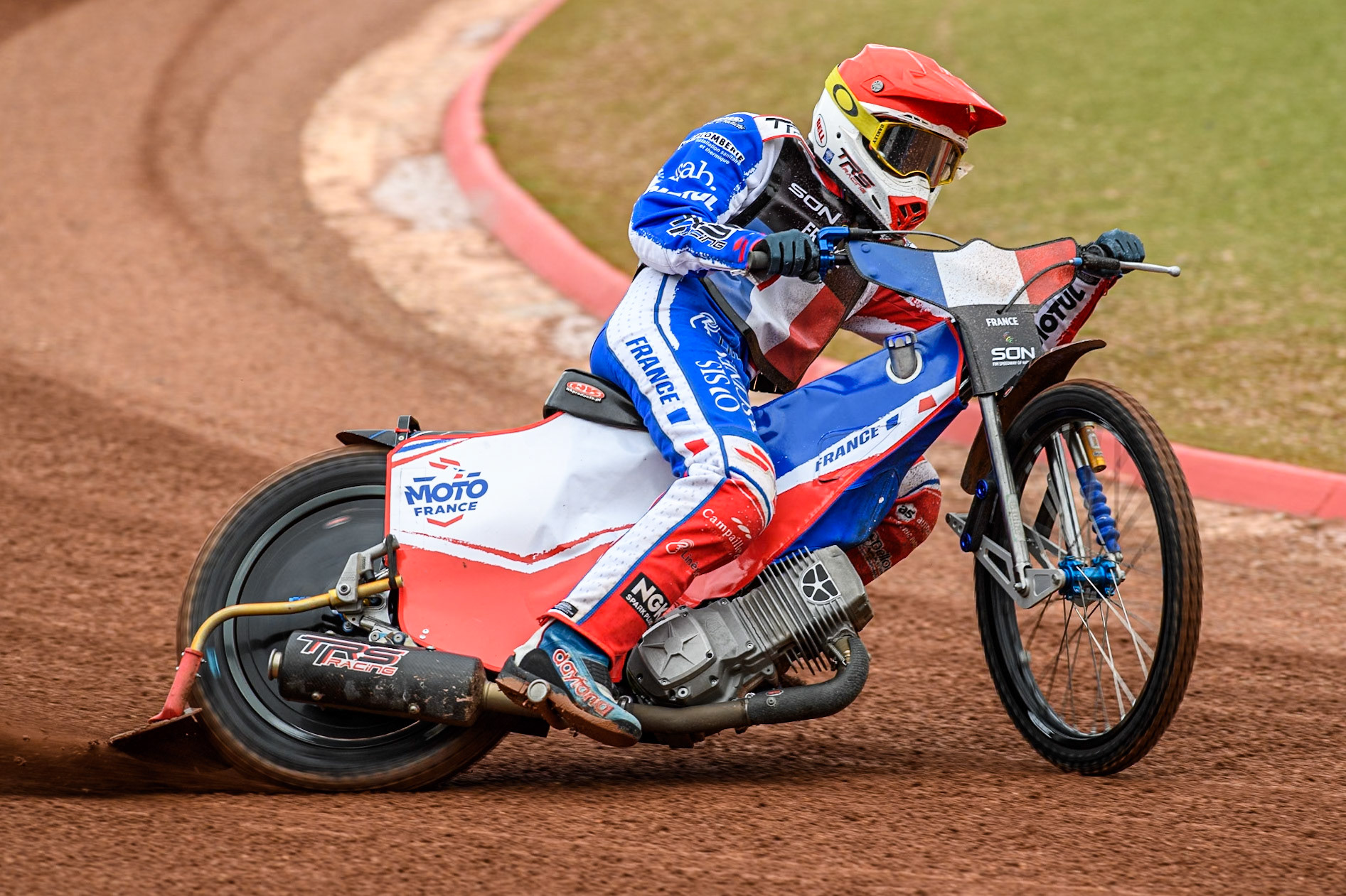David Bellego of France practices during the Monster Energy FIM Speedway of Nations Semi-Final 1 at the National Speedway Stadium, Manchester on Tuesday 9th July 2024. (Photo: Ian Charles | MI News)
