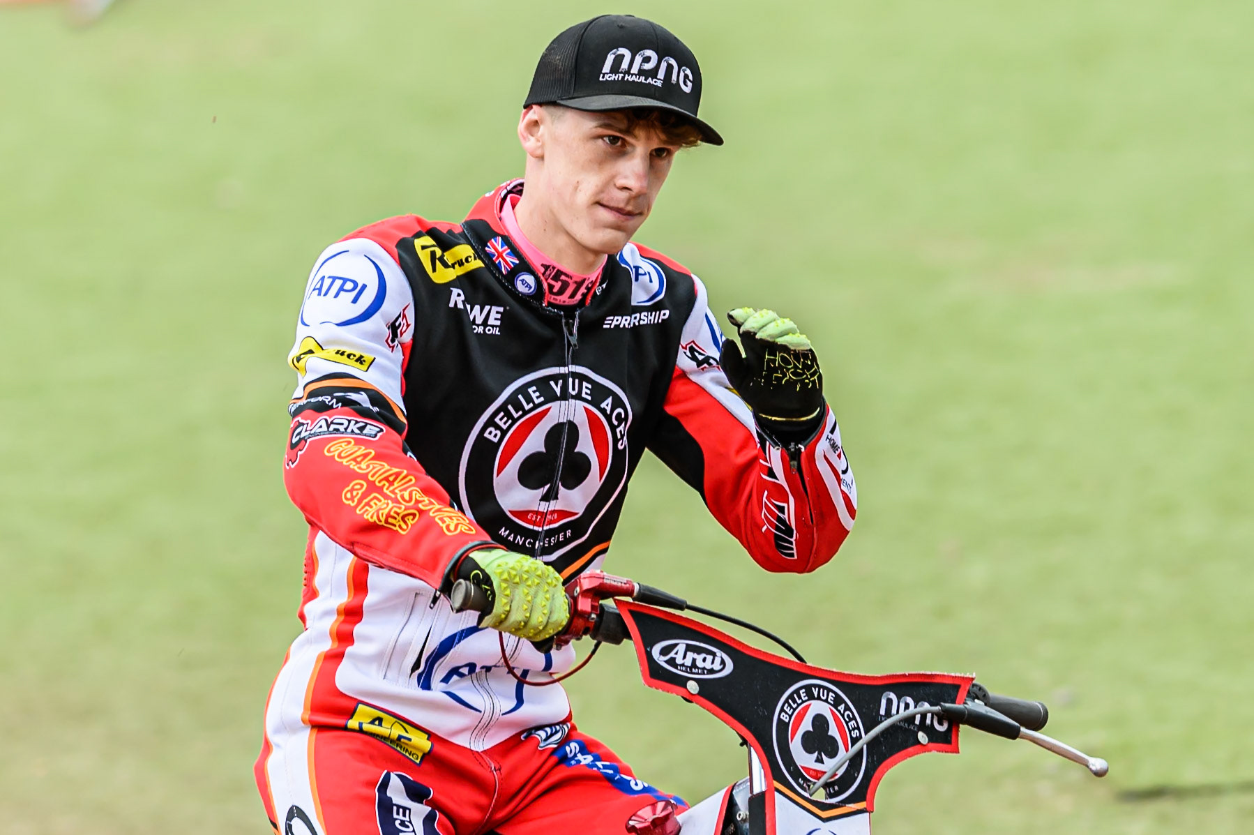 Belle Vue Aces' Jake Mulford on the parade lap during the Rowe Motor Oil Premiership match between Belle Vue Aces and King's Lynn Stars at the National Speedway Stadium, Manchester on Monday 23rd June 2025. (Photo: Ian Charles | MI News)