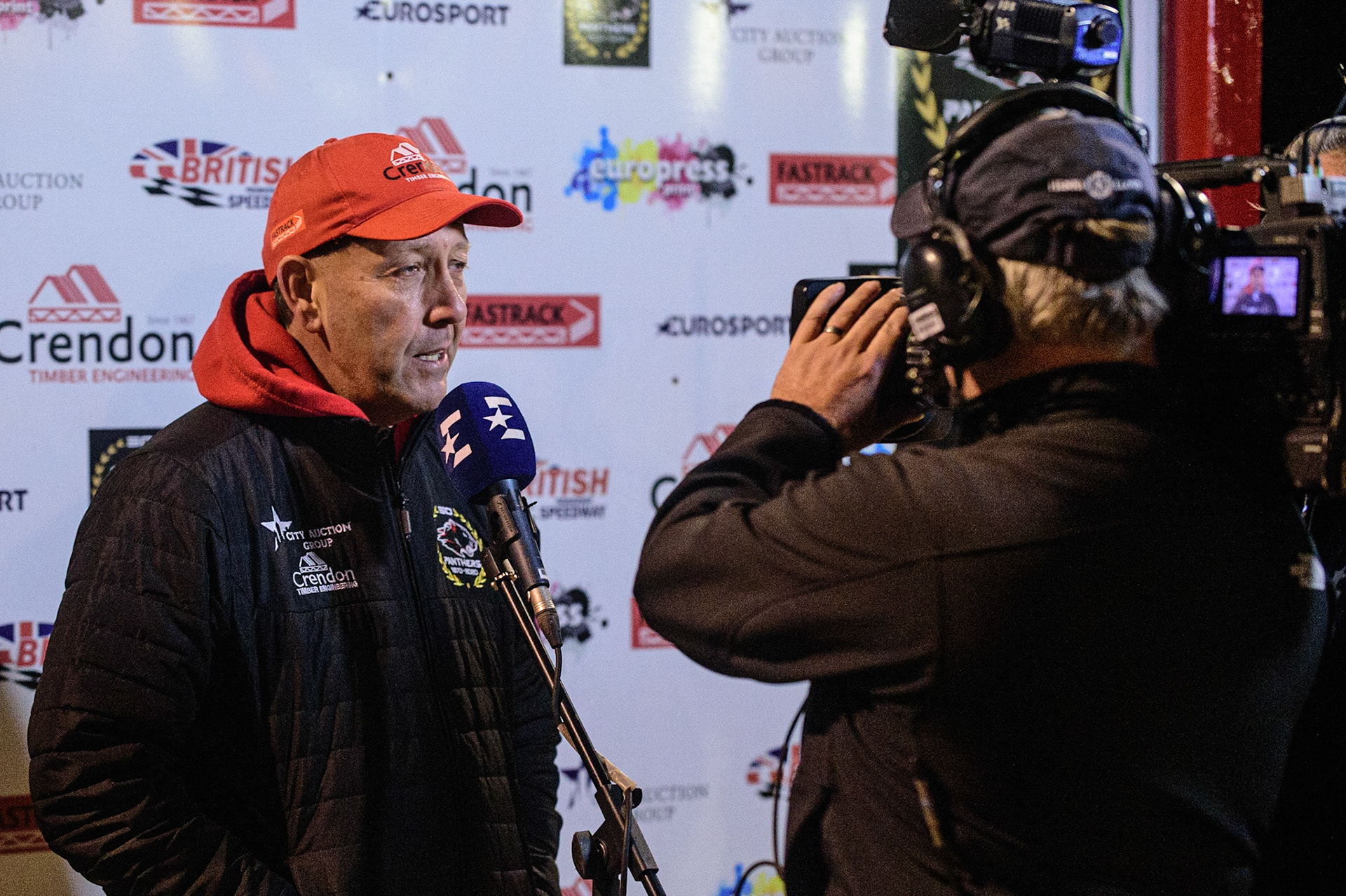 PETERBOROUGH, UK. OCT 14TH Peterborough Crendon Panthers  manager Rob Lyon gives an interview to Eurosport during the SGB Premiership Grand Final 2nd leg between Peterborough and Belle Vue Aces at East of England Showground, Peterborough on Thursday 14th October 2021. (Credit: Ian Charles | MI News)