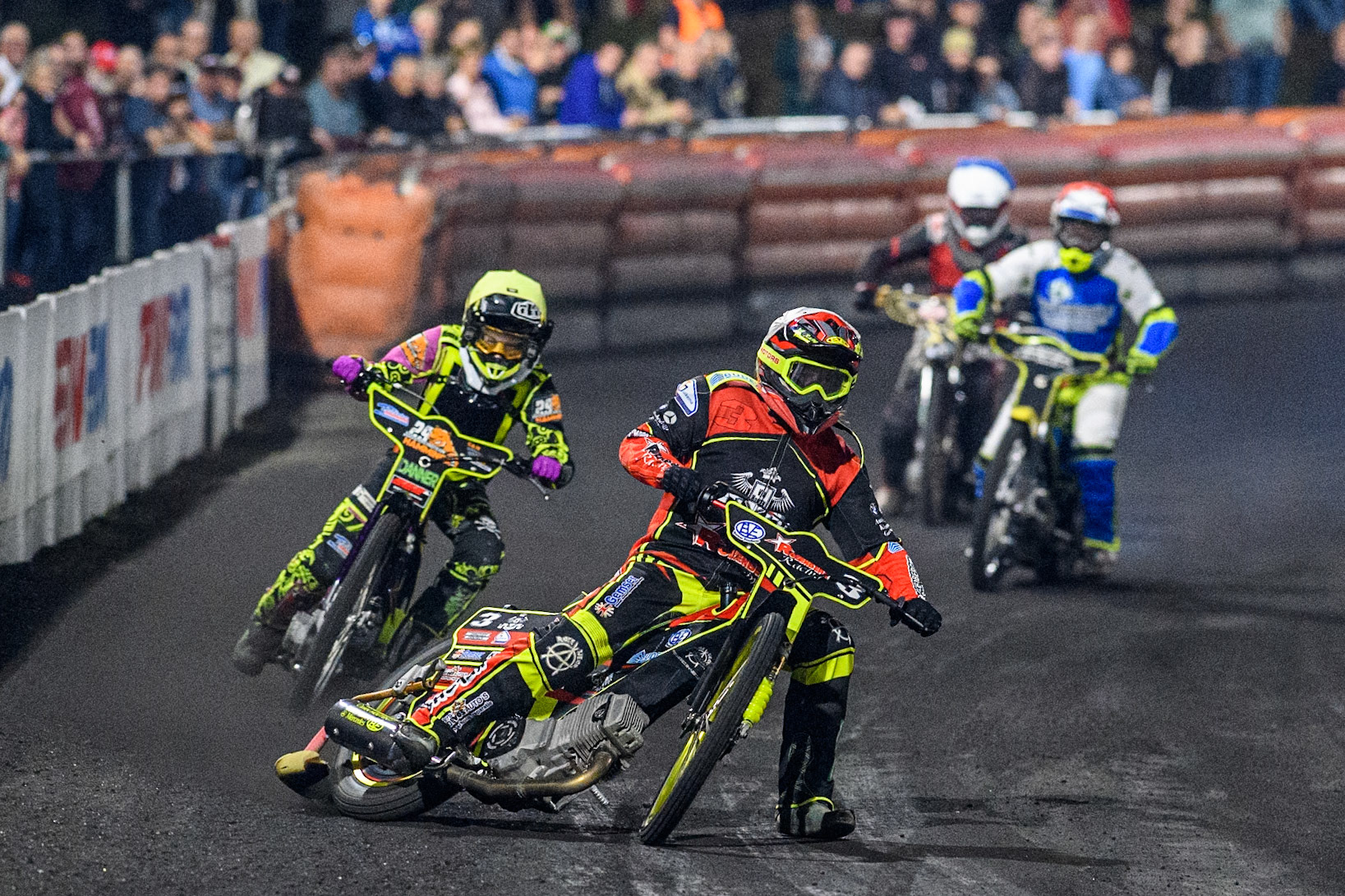 Sjoerd Rozenberg in White leading Dominic Hamming in Yellow, Wiebo Boumeester in Blue and Bjorn Boersma in Red in the Veenoord Bokaal Support Class during the Golden JOPA Helmet at Sportpark Veenoord, Veenoord, Netherlands on Saturday 21st September 2024. (Photo: Ian Charles | MI News)