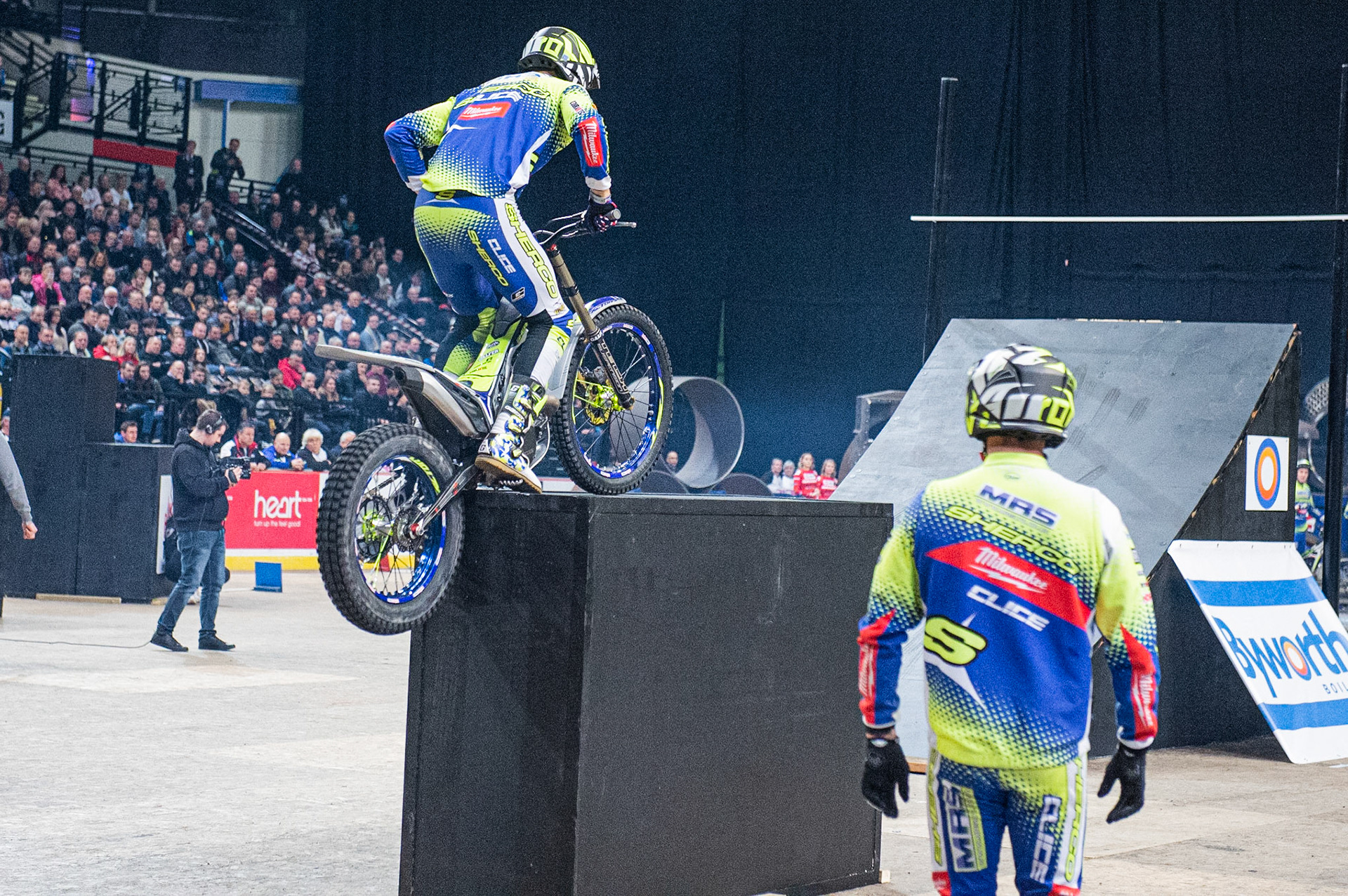 SHEFFIELD, ENGLAND  - DECEMBER 28TH  Dan Peace, UK (Sherco) goes over the obstacle  during the 25th Anniversary Sheffield Indoor Trial at the FlyDSA Arena, Sheffield on Saturday 28th December 2019. (Credit: Ian Charles | MI News)