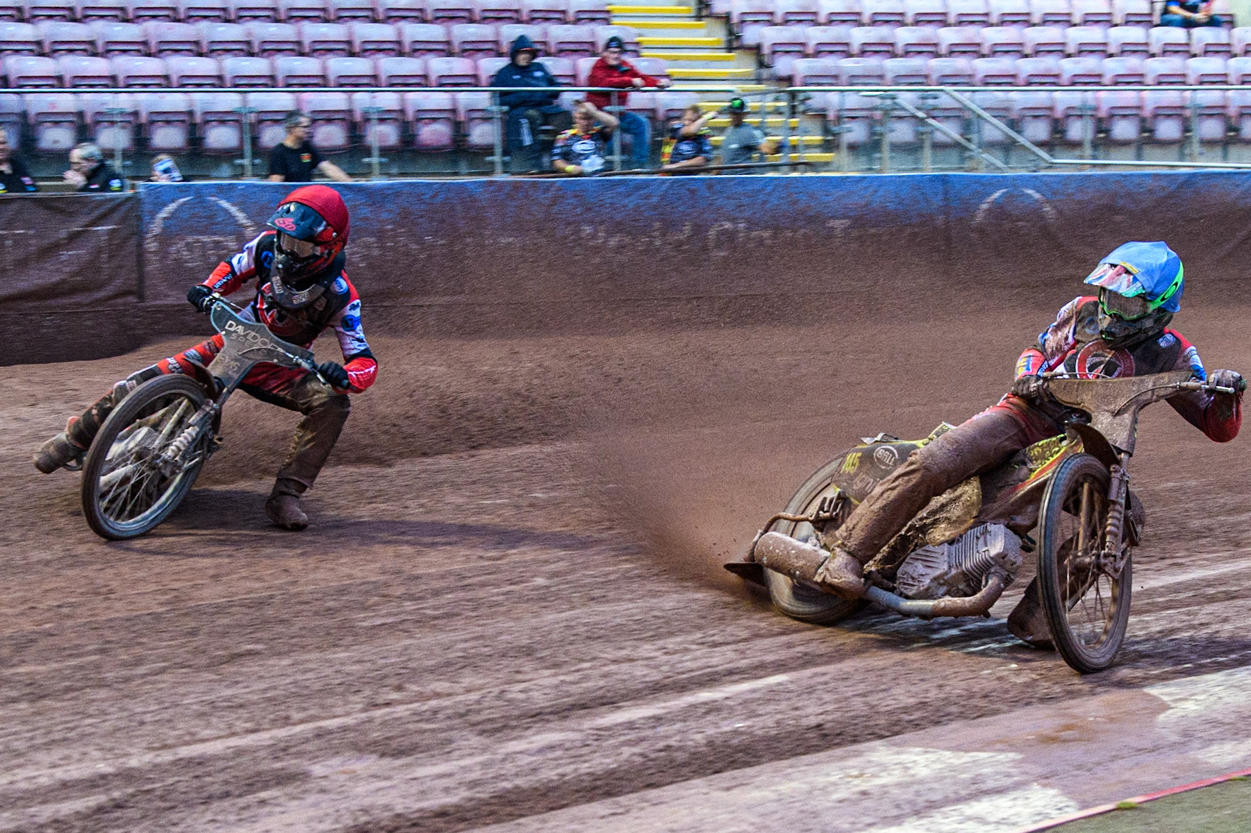Belle Vue Colts' William Cairns  in Blue rides inside Belle Vue Colts' Freddy Hodder  in Red during the WSRA National Development League match between Belle Vue Colts and Oxford Chargers at the National Speedway Stadium, Manchester on Friday 2nd August 2024. (Photo: Ian Charles | MI News)