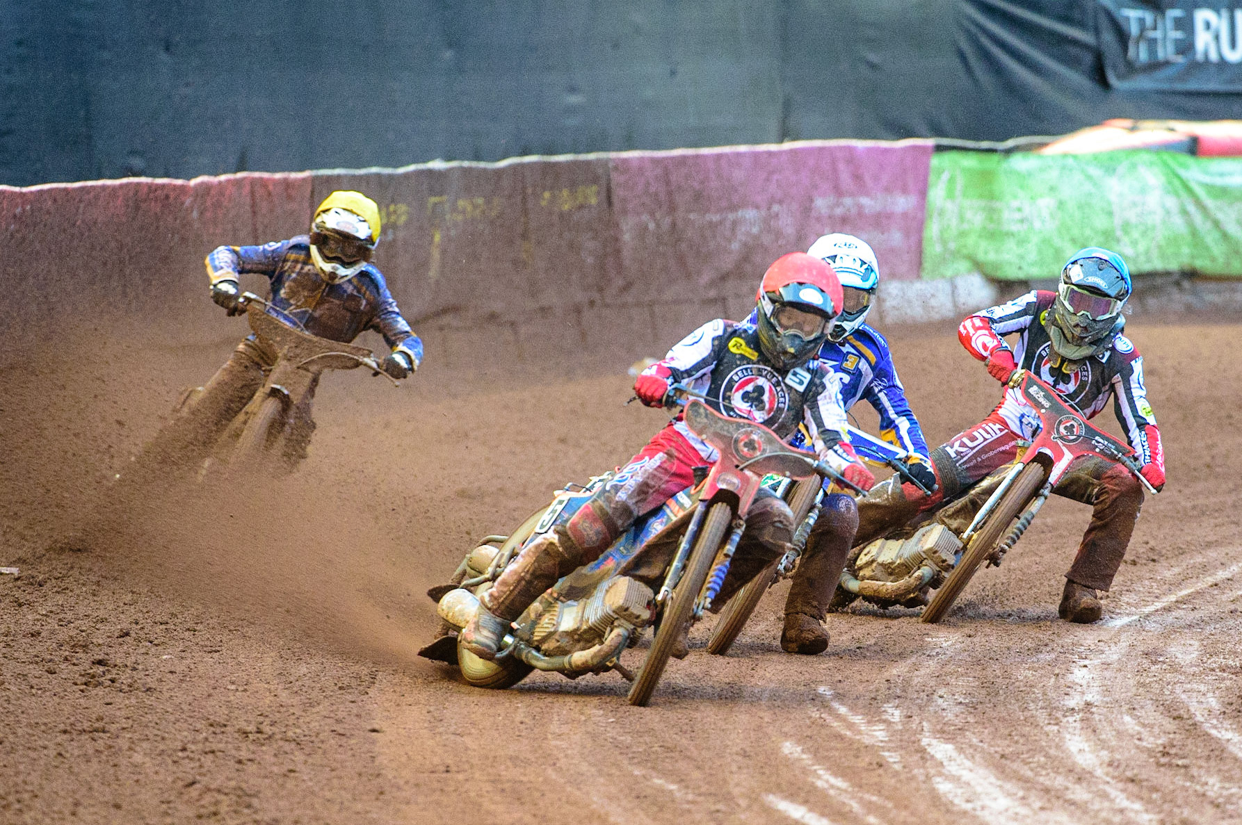 MANCHESTER, UK. MAY 16TH Brady Kurtz  (Red) leads Richard Lawson  (White) Norick Blödorn  (Blue) and Lewis Kerr (Yellow) during the SGB Premiership match between Belle Vue Aces and King's Lynn Stars at the National Speedway Stadium, Manchester on Monday 16th May 2022. (Credit: Ian Charles | MI News)