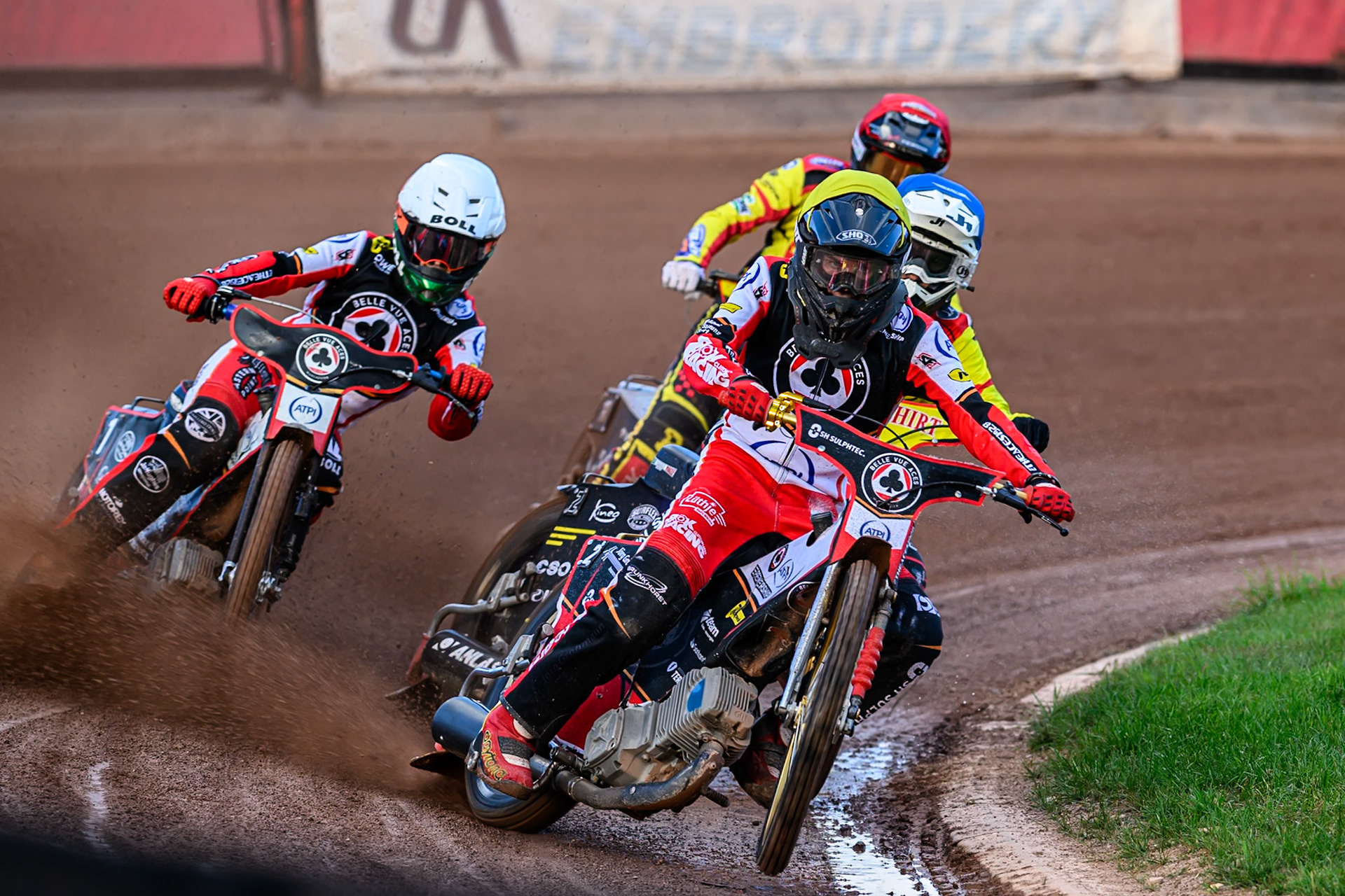 Belle Vue Aces' Norick Blodorn   in Yellow leading Birmingham Brummies' Paco Castagna  in Blue Belle Vue Aces' Brady Kurtz in White and Birmingham Brummies' Tobias Musielak  in Red during the Rowe Motor Oil Premiership match between Birmingham Brummies and Belle Vue Aces at Perry Barr Stadium, Birmingham on Monday 28th July 2025. (Photo: Ian Charles | MI News)