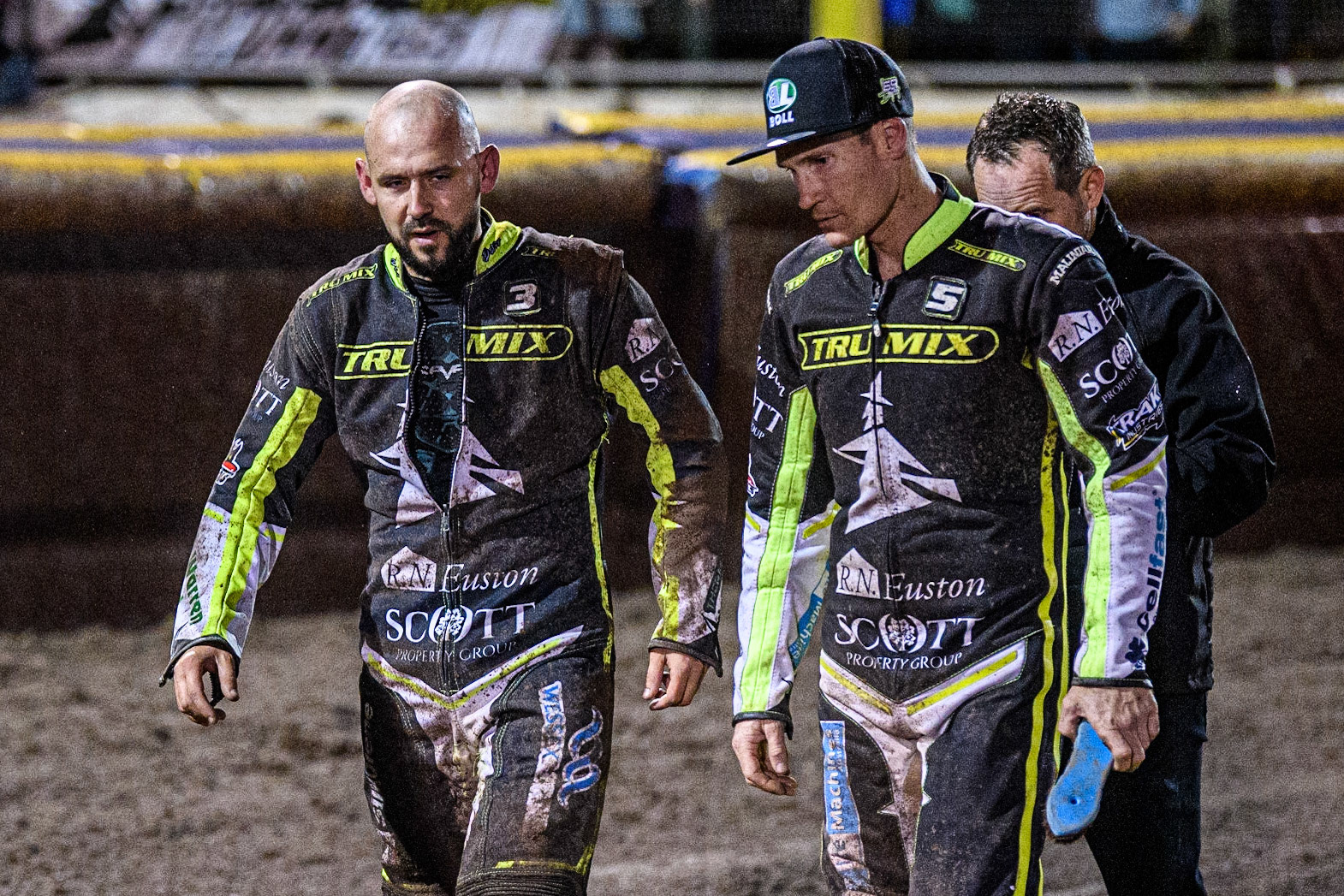 Danny King (Left) walks back to the pits with team mate Jason Doyle after Kings fall during the Sports Insure Premiership Grand Final Second Leg match between Sheffield Tigers and Ipswich Witches at Owlerton Stadium, Sheffield on Thursday 5th October 2023. (Photo: Ian Charles | MI News)