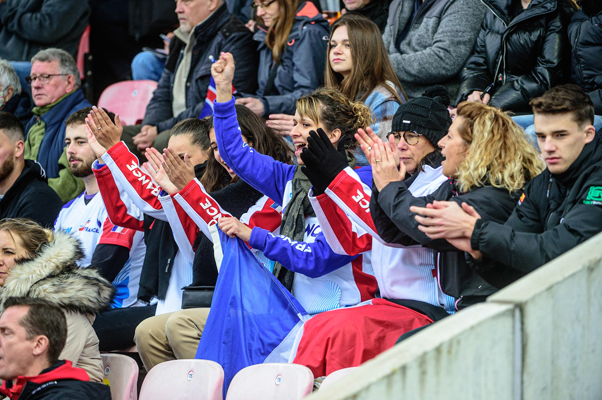 MANCHESTER, UK. OCT 17TH French fans cheer David Bellago as he wins a heat during the Monster Energy FIM Speedway of Nations at the National Speedway Stadium, Manchester on Sunday  17th October 2021. (Credit: Ian Charles | MI News)