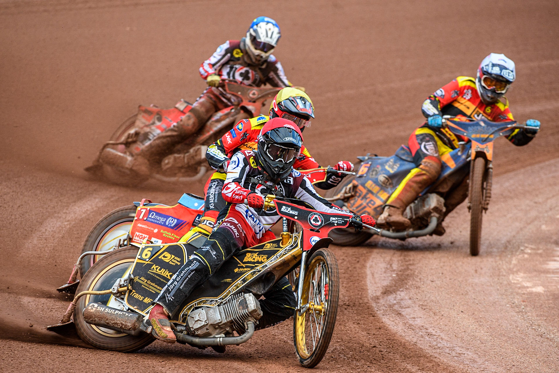 Norick Blodorn (Red) leads  Drew Kemp (Yellow), Jake Allen (White) and Connor Bailey (Blue) during the Sports Insure Premiership match between Belle Vue Aces and Leicester Lions at the National Speedway Stadium, Manchester on Monday 28th August 2023. (Photo: Ian Charles | MI News)
