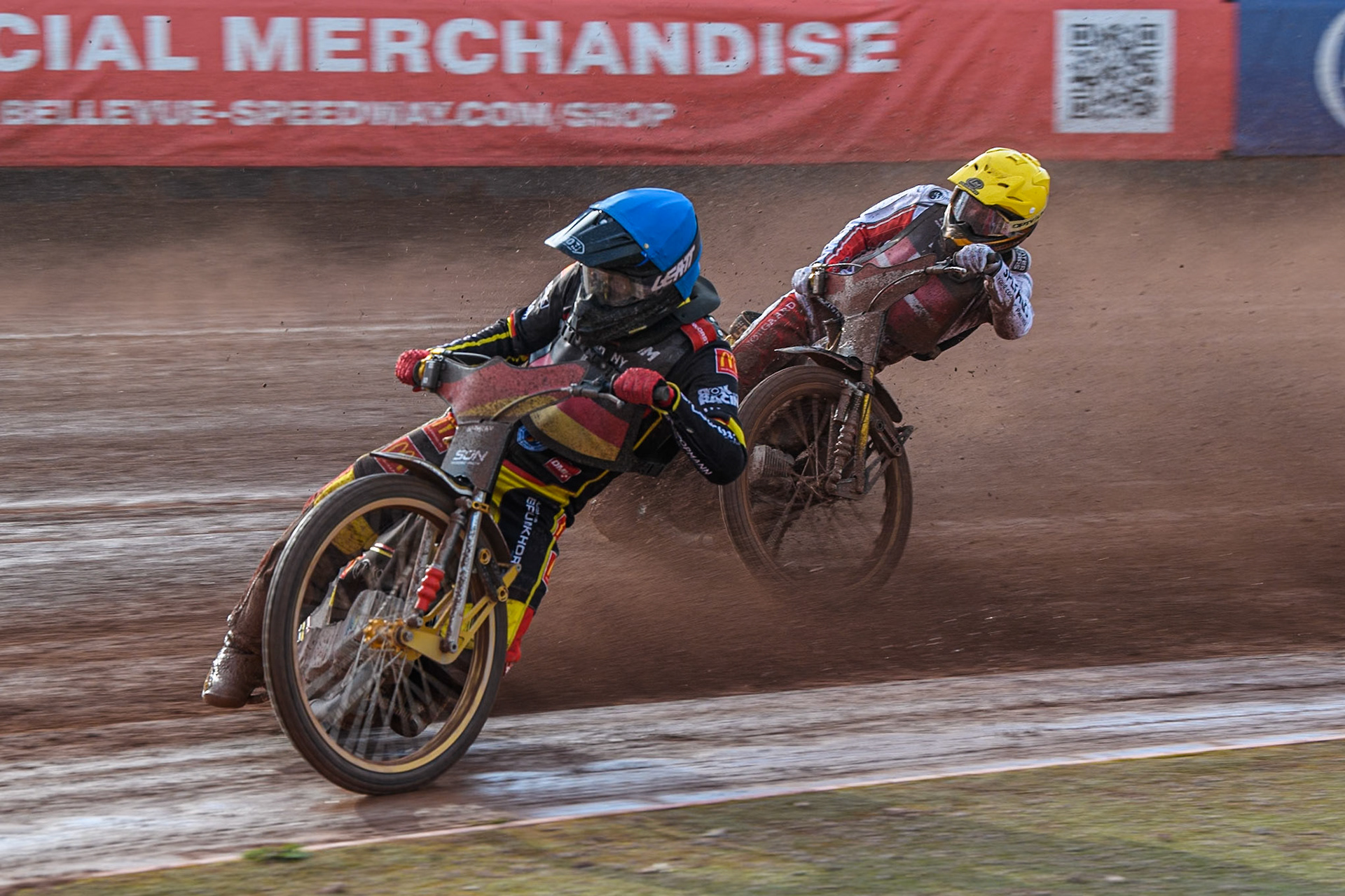 Norick Blödorn of Germany in Blue leading Anders Thomsen of Denmark in Yellow during the Monster Energy FIM Speedway of Nation Final at the National Speedway Stadium, Manchester on Saturday 13th July 2024. (Photo: Ian Charles | MI News)