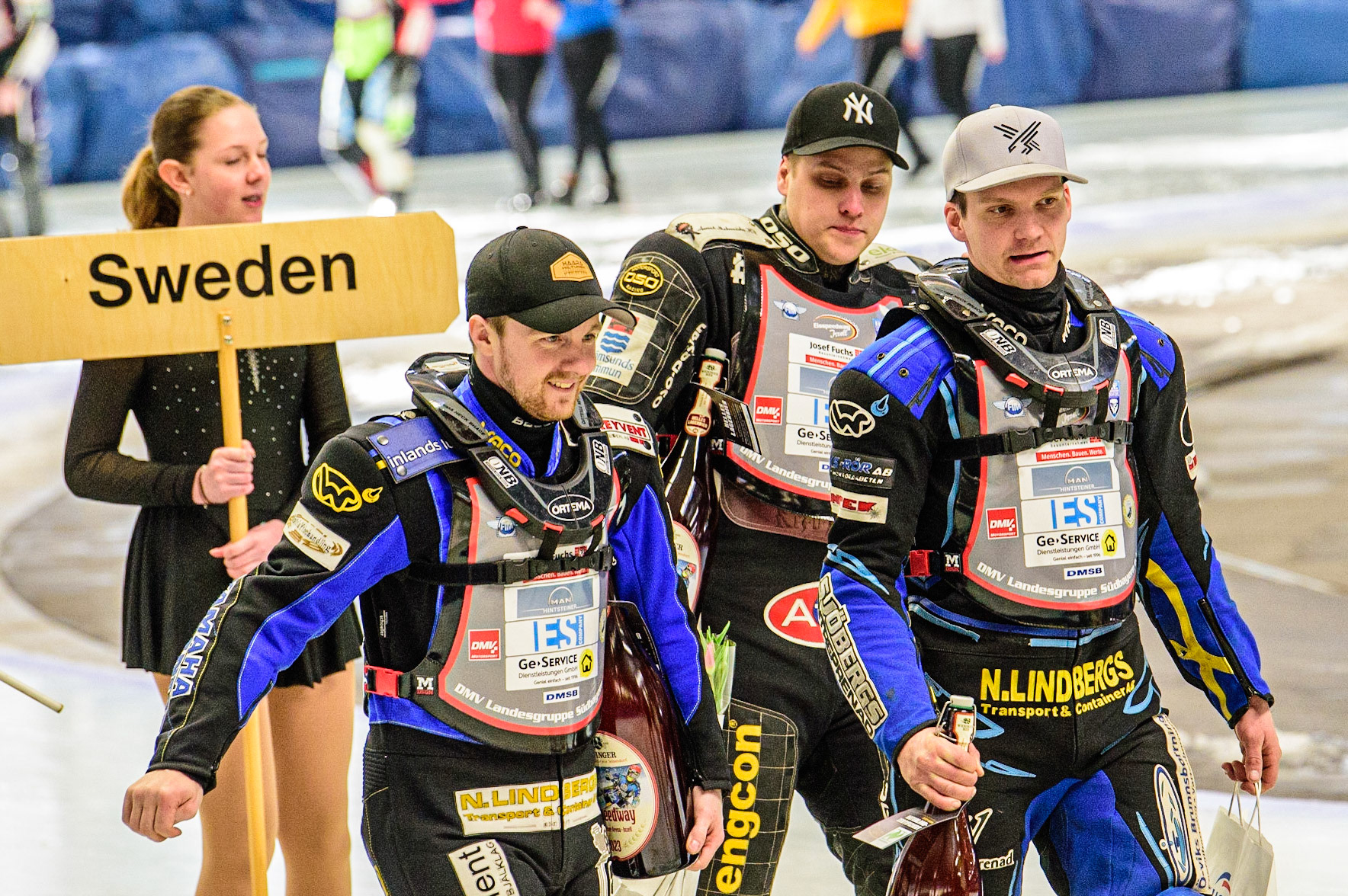 Swedish Riders on the parade lap (l-r), Martin Haarahiltunen (199), Jimmy Olsen (81) and Niclas Svensson (192) during the Ice Speedway Gladiators World Championship Final 1 at Max-Aicher-Arena, Inzell, Germany on Saturday 18th March 2023. (Photo: Ian Charles | MI News)