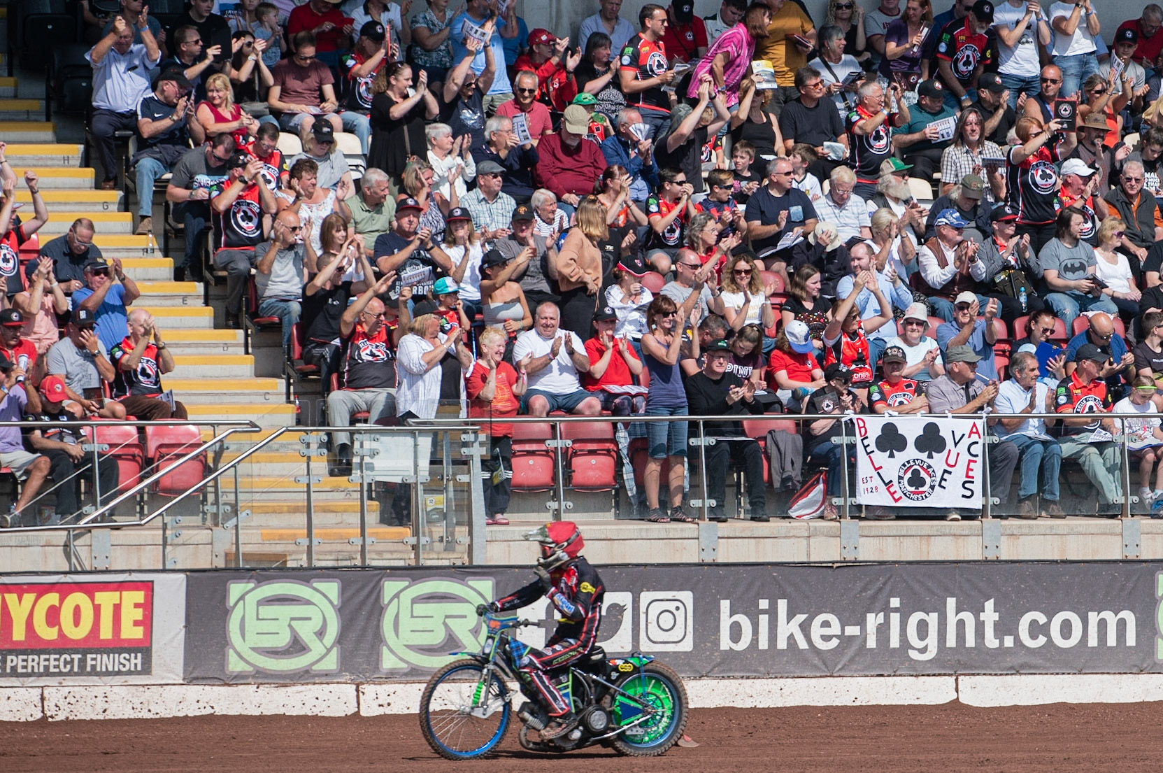 Photo: Ian Charles

Dan Bewley  receives the applause after his heat 3 win

Belle Vue Aces v Kings Lynn Stars, British Speedway Premiership, Belle Vue National Speedway Stadium, Manchester, Monday 26  August  2019