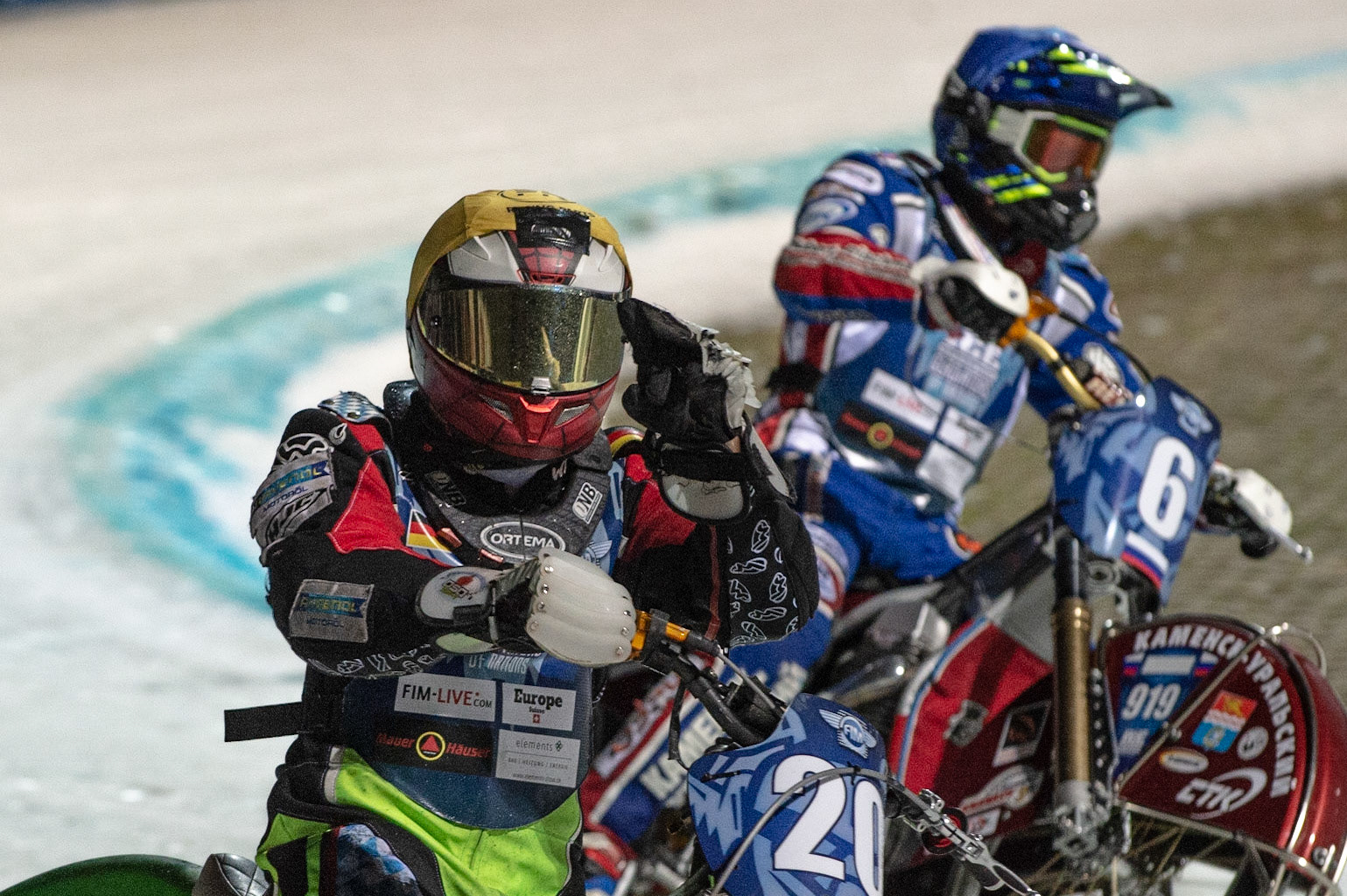 BERLIN GERMANY  - February 29  Johan Weber of Germany celebrates beating Dmitri Khomitsevich of Russia  during theIce Speedway of Nations (Day 1) at the Horst-Dohm-Eisstadion, Berlin,  on Saturday 29 February 2020. (Credit: Ian Charles | MI News)