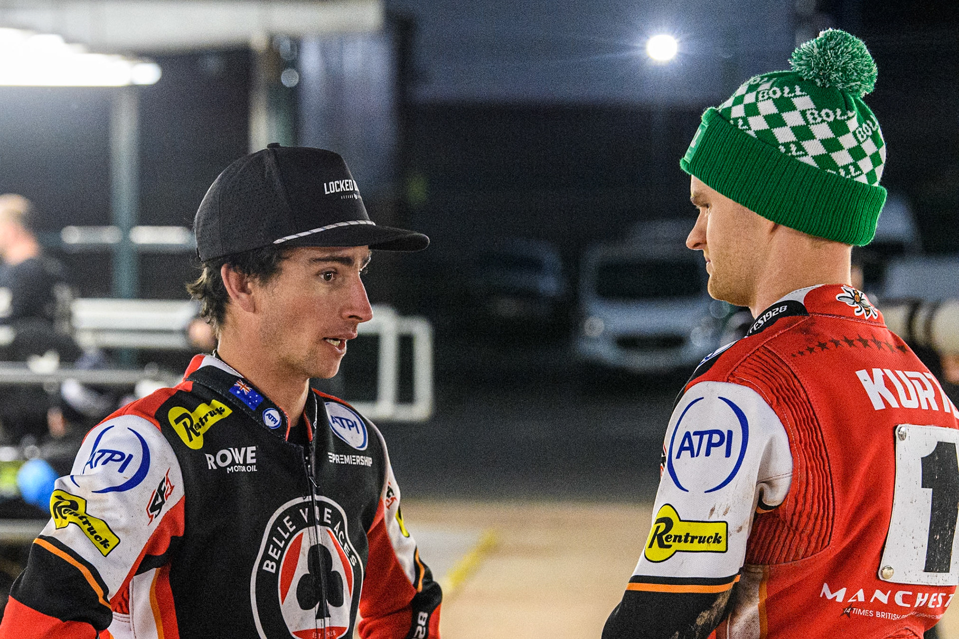 Belle Vue Aces' Zack Cook (Left) chats with Belle Vue Aces' Brady Kurtz during the Rowe Motor Oil Premiership match between Belle Vue Aces and Oxford Spires at the National Speedway Stadium, Manchester on Monday 14th April 2025. (Photo: Ian Charles | MI News)