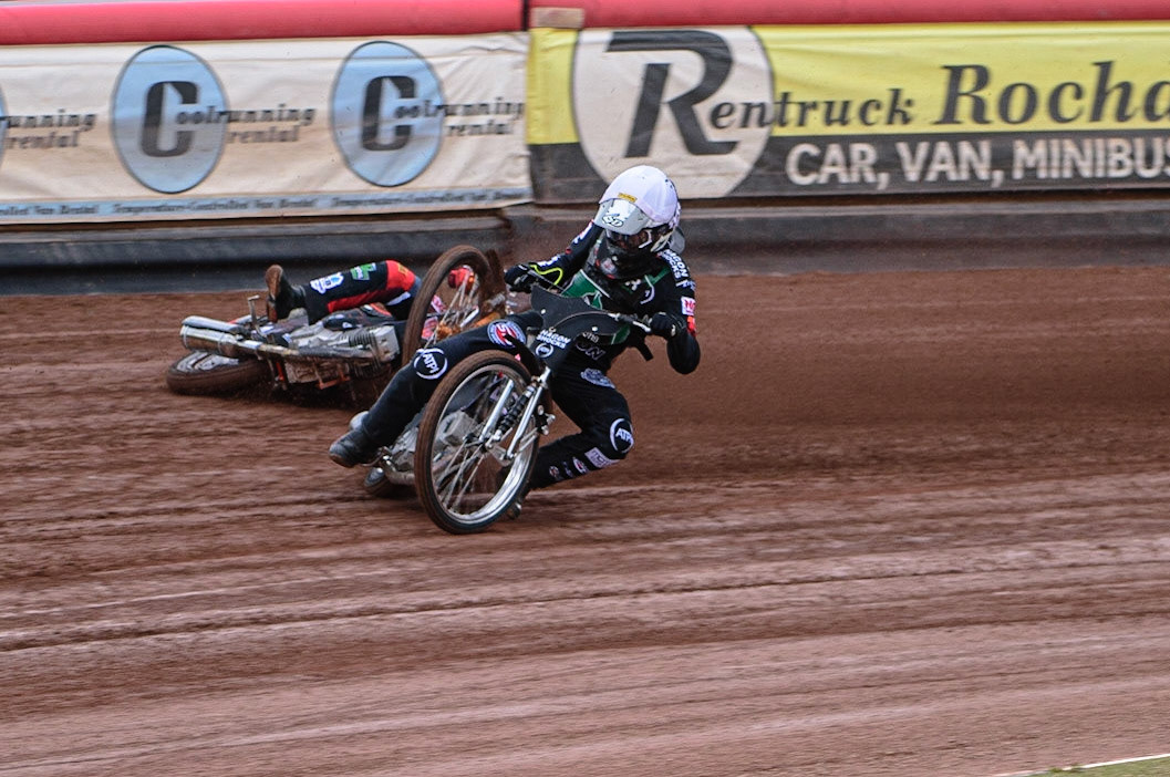 MANCHESTER, UK. APR 15TH  Jack Smith  slides off in the opening heat behind Dan Gilkes  during the National Development League match between Belle Vue Colts and Plymouth Centurions at the National Speedway Stadium, Manchester on Friday 15th April 2022. Credit: Ian Charles | MI News)