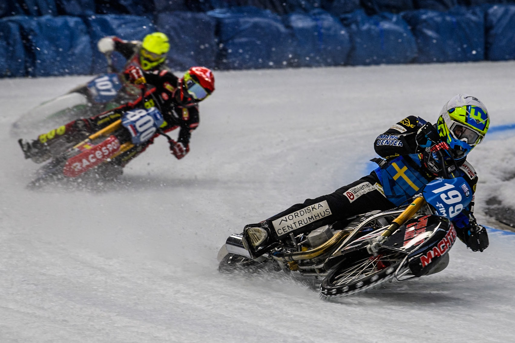 Sweden's Martin Haarahiltunen (199) (White) leads  Netherlands' Jasper Iwema (800) (Red) and Czech Republic's Andrej Diviš (107) (Yellow) during the FIM Ice Speedway Gladiators World Championship Final 2 at the Max-Aicher-Arena, Inzell on Sunday 24 March 2024. (Photo: Ian Charles | MI News)