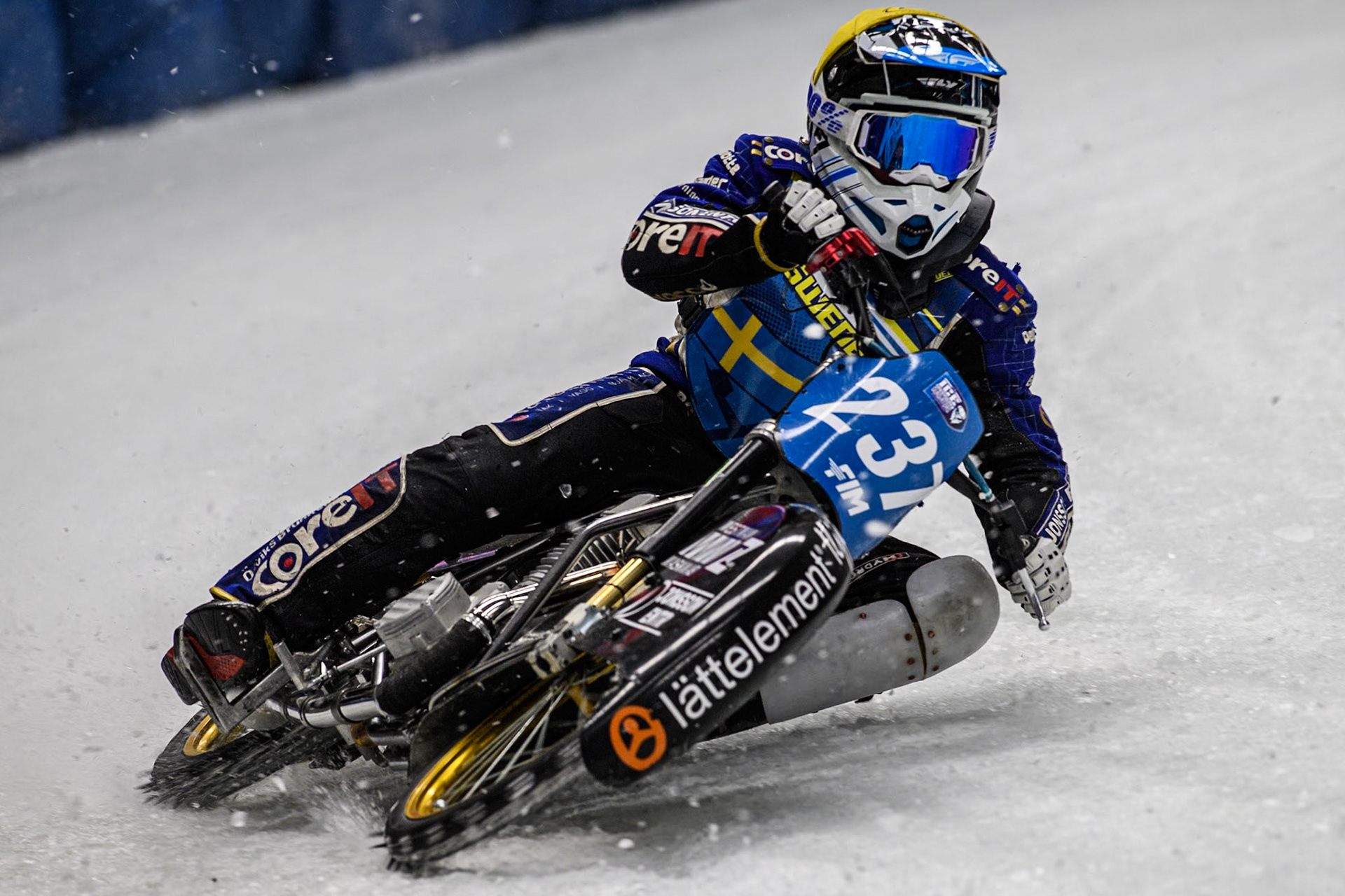 Sweden's Jimmy Hörnell Lidfalk (237) in action during the FIM Ice Speedway Gladiators World Championship Final 1 at the Max-Aicher-Arena, Inzell on Saturday 23 March 2024. (Photo: Ian Charles | MI News)