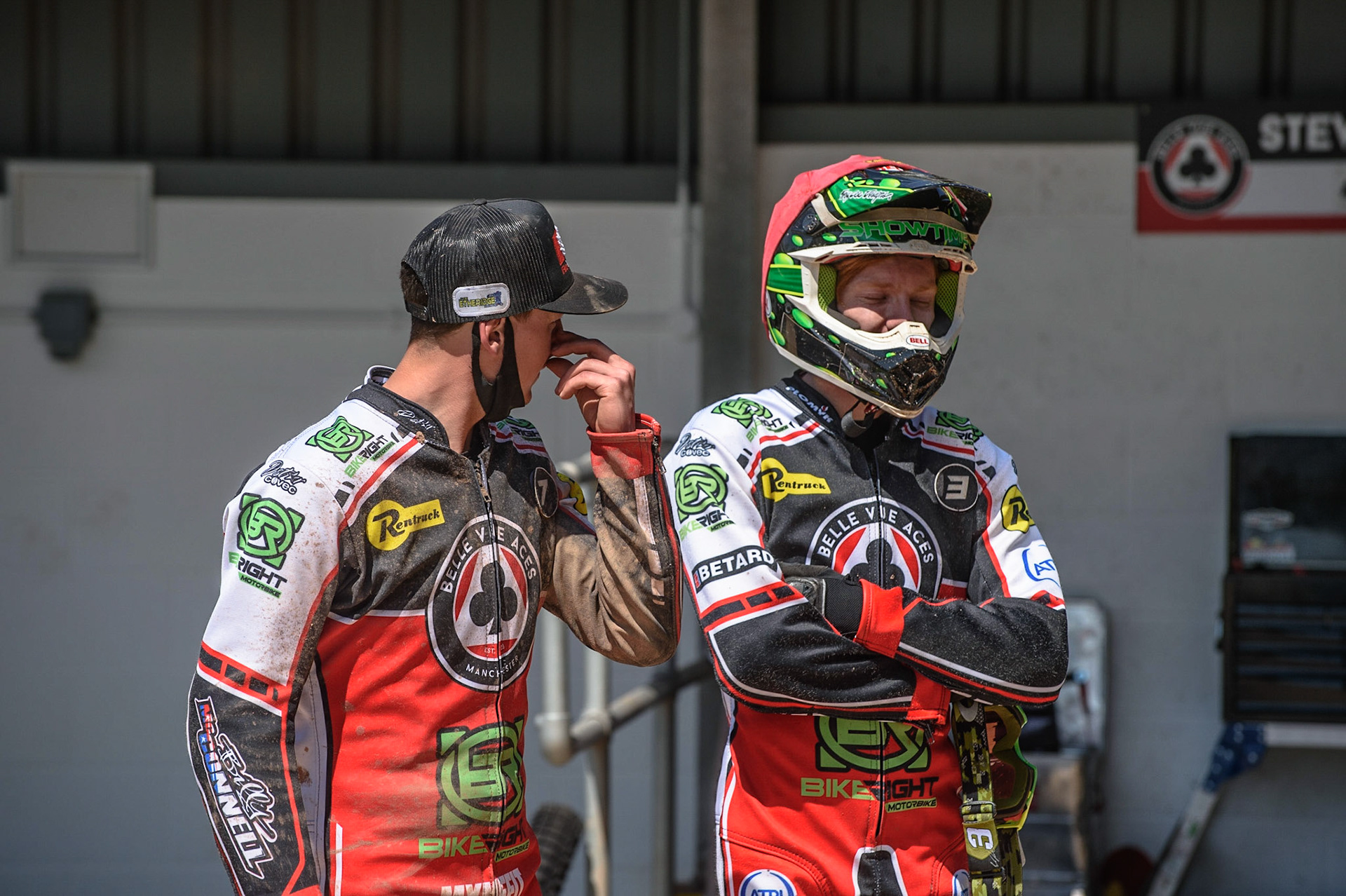 MANCHESTER, UK. MAY 31ST  Jye Etheridge  (left) chats with Dan Bewley  during the SGB Premiership match between Belle Vue Aces and Peterborough at the National Speedway Stadium, Manchester on Monday 31st May 2021. (Credit: Ian Charles | MI News)
