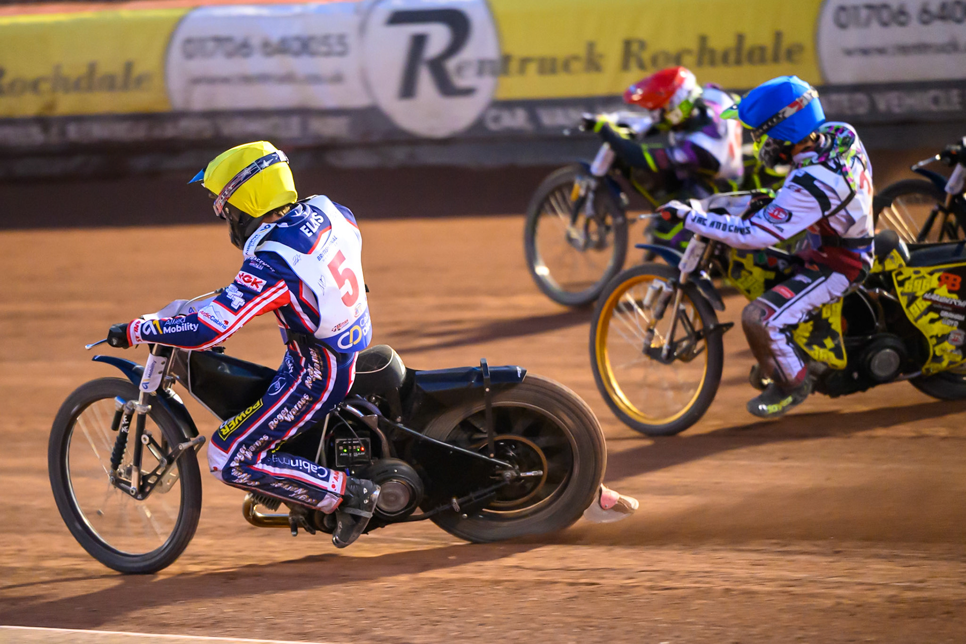 Adam Ellis (5) in Yellow rides inside Ace Pijper (3) in Blue  and Tom Brennan (16) in Red during the Cab Direct British Speedway Championship Final at the National Speedway Stadium, Manchester on Saturday 15th August 2026. (Photo: Ian Charles | MI News)