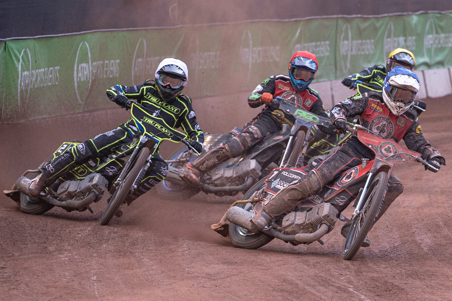 Photo: Ian Charles

Jaimon Lidsey (Blue) leads Danny King  (White) Dimitri Bergé  (Red) and Cameron Heeps (Yellow)

Belle Vue Aces v Ipswich Witches, British Speedway Premiership, Belle Vue National Speedway Stadium, Manchester, Monday 3  June  2019