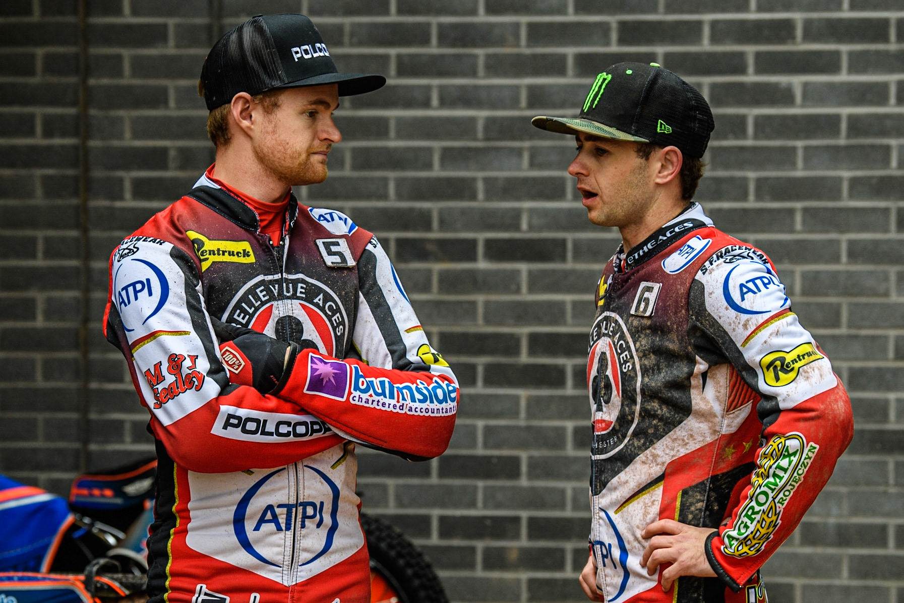 Brady Kurtz  (left) chats with Jaimon Lidsey   during the SGB Premiership match between Belle Vue Aces and Leicester Lions at the National Speedway Stadium, Manchester on Monday 1st May 2023. (Photo: Ian Charles | MI News)