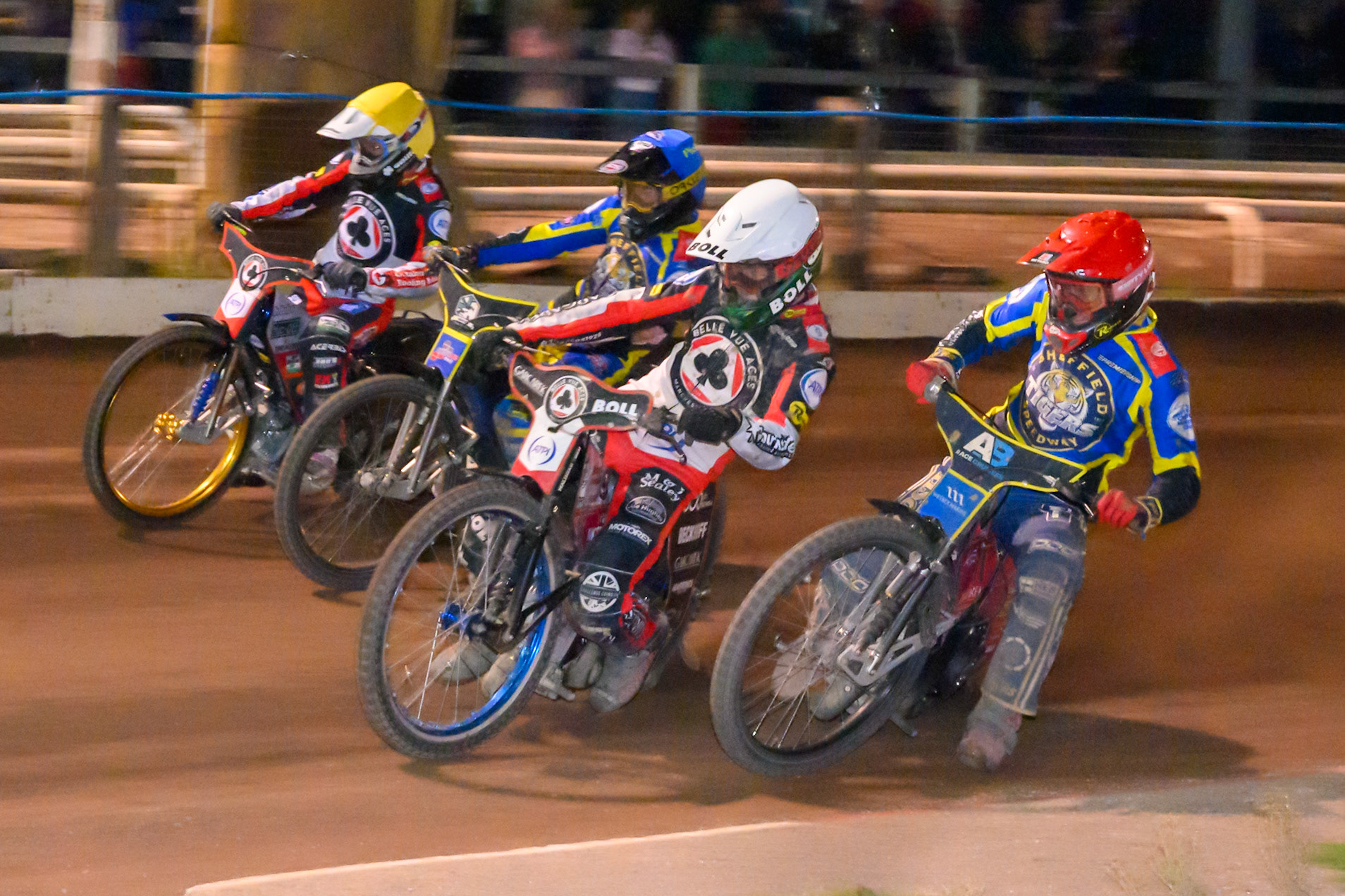 Brady Kurtz of Belle Vue Aces in White leading Max Fricke, Guest Rider for Sheffield Tigers  in Red , Josh Pickering of Sheffield Tigers in Blue  and Jason Doyle of Belle Vue Aces in Yellow during the Rowe Motor Oil Premiership match between Sheffield Tigers and Belle Vue Aces at Owlerton Stadium, Sheffield on Monday 31st August 2026. (Photo: Ian Charles | MI News)