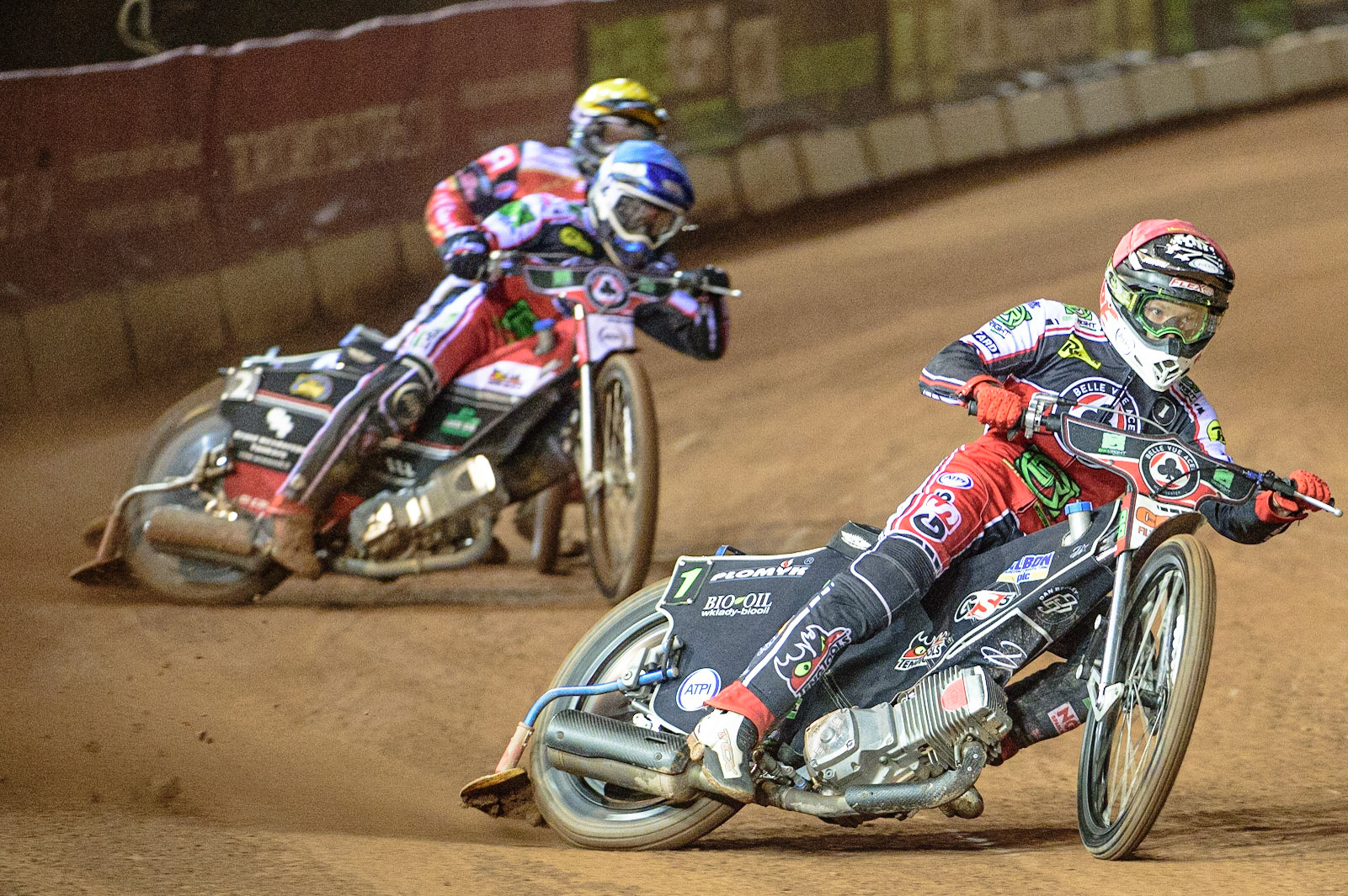 MANCHESTER, UK. OCT 11TH  Dan Bewley  (Red) leads Richie Worrall  (Blue) and \Bjarne Pedersen  (Yellow) during the SGB Premiership Grand Final 1st Leg between Belle Vue Aces and Peterborough Panthers at the National Speedway Stadium, Manchester on Monday 11th October 2021. (Credit: Ian Charles | MI News)