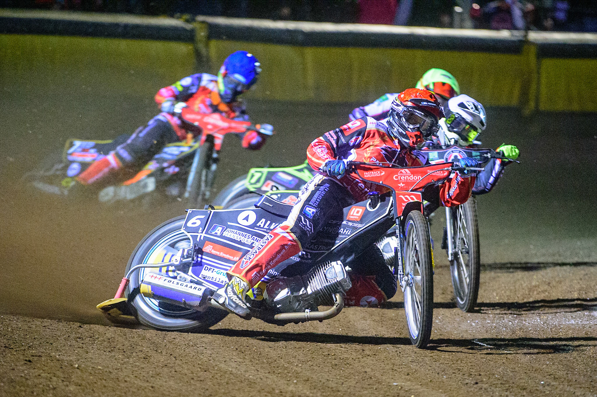 PETERBOROUGH, UK. OCT 14TH Bjarne Pedersen  (Red) leads Tom Brennan  (White), Jye Etheridge  (Yellow) and Jordan Palin  (Blue) during the SGB Premiership Grand Final 2nd leg between Peterborough and Belle Vue Aces at East of England Showground, Peterborough on Thursday 14th October 2021. (Credit: Ian Charles | MI News)