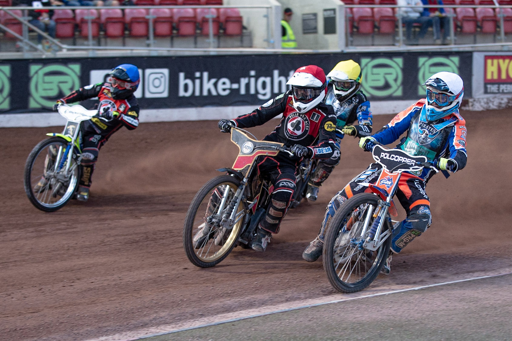 Photo by Ian Charles

Heat 15: Max Fricke  (Red) and Brady Kurtz  (White) battle it out inside Kenneth Bjerre  (Blue) and Jack Holder  (Yellow) behind

Belle Vue Aces v Poole Pirates, British Speedway Premiership, Belle Vue National Speedway Stadium, Manchester, Monday 1  July  2019