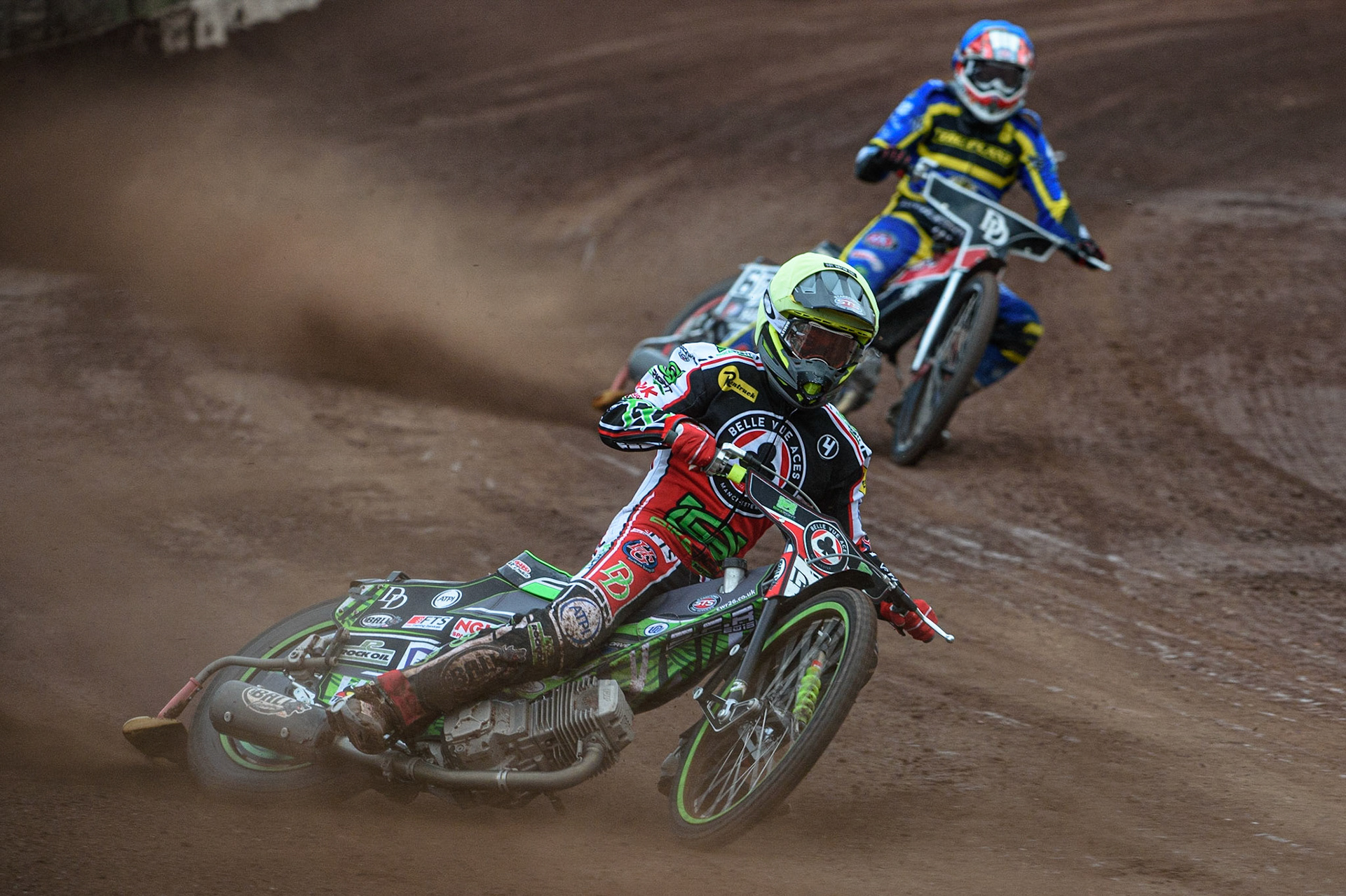 SHEFFIELD, UK. JULY 1ST     Charles Wright  (Yellow) leads his brother James Wright (Blue)  during the SGB Premiership match between Sheffield Tigers and Belle Vue Aces at Owlerton Stadium, Sheffield on Thursday 1st July 2021. (Credit: Ian Charles | MI News)