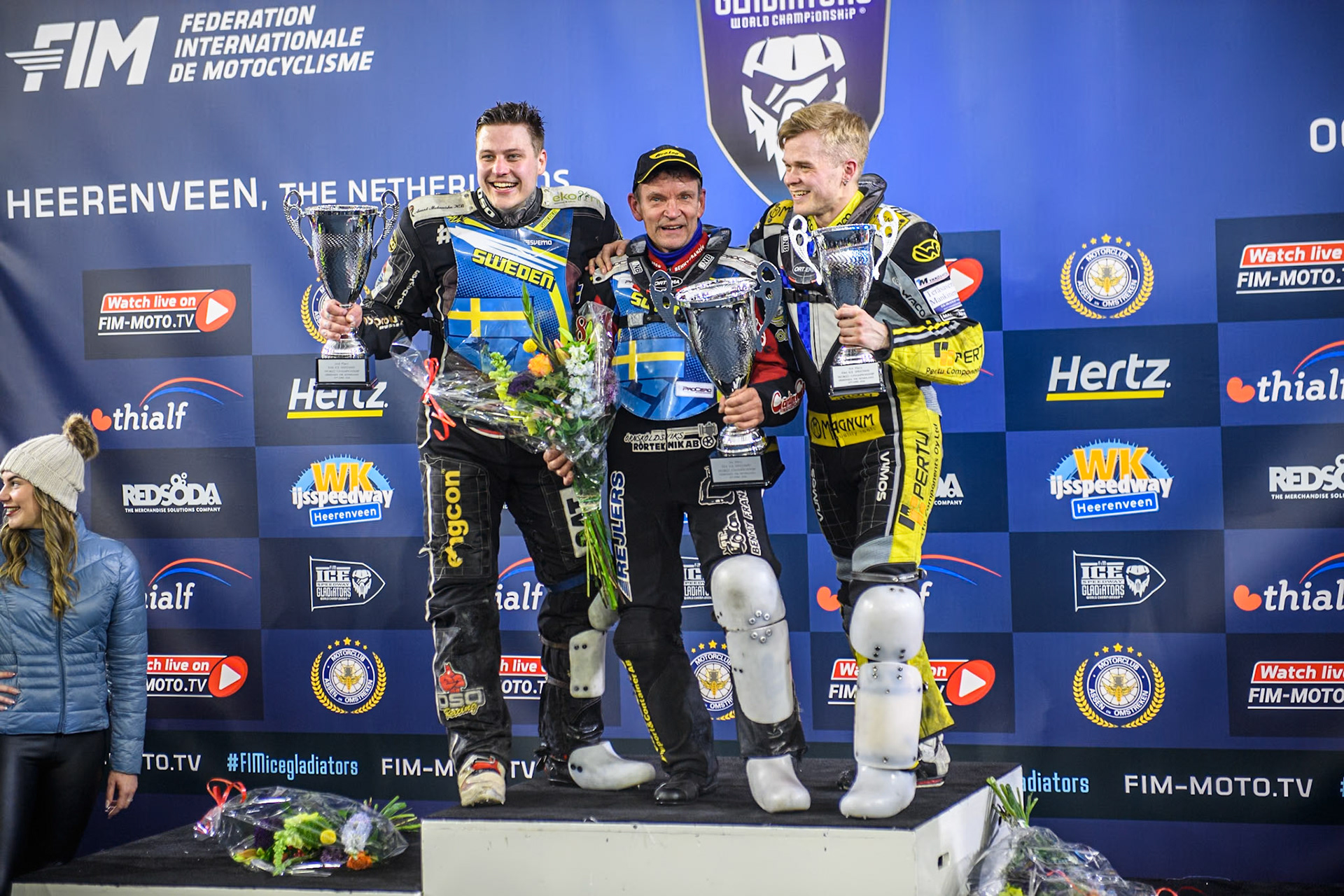 Sunday Top 3: (L to R) Sweden"s Jimmy Olsén (2nd), Sweden's Stefan Svensson (Winner), Finland's Heikki Huusko (3rd) during the FIM Ice Speedway Gladiators World Championship Final 4 at Ice Rink Thialf, Heerenveen on Sunday 7th April 2024. (Photo: Ian Charles | MI News)