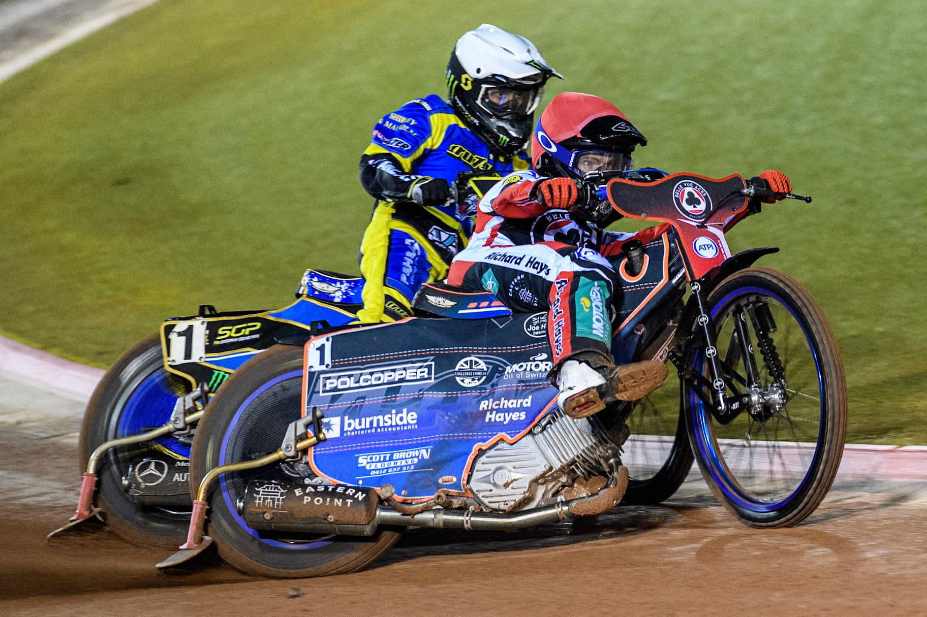 Belle Vue Aces' Brady Kurtz in Red leading Sheffield Tigers' Jack Holder in White during the Rowe Motor Oil Premiership Play Off Semi Final 2, 1st Leg match between Belle Vue Aces and Sheffield Tigers at the National Speedway Stadium, Manchester on Monday 16th September 2024. (Photo: Ian Charles | MI News)
